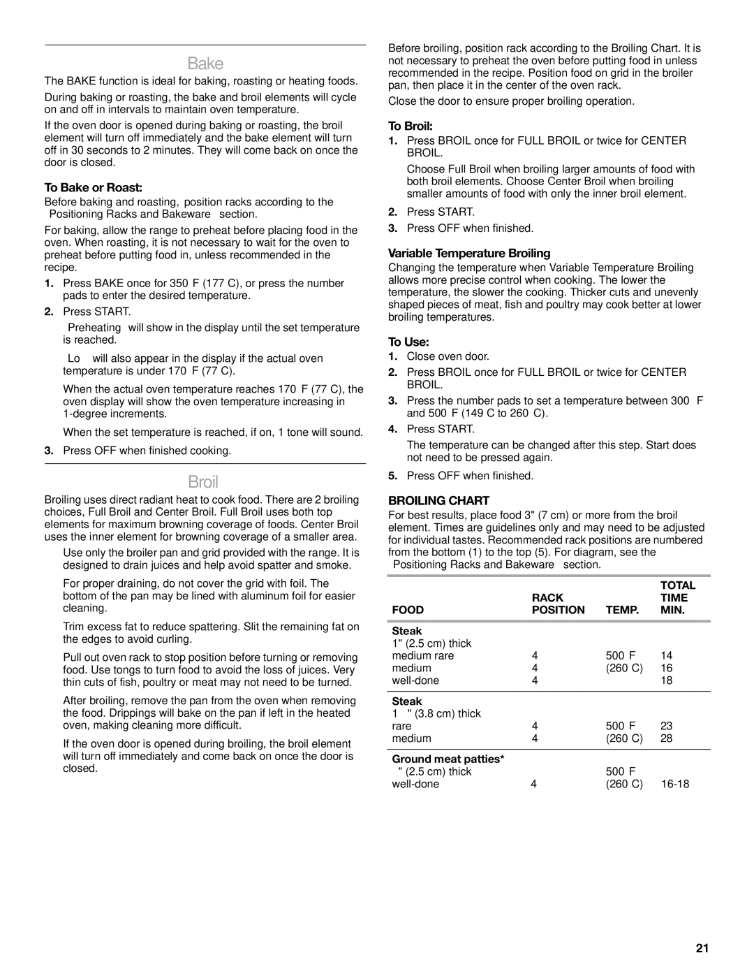 KitchenAid KERS807 manual Bake, Broiling Chart 