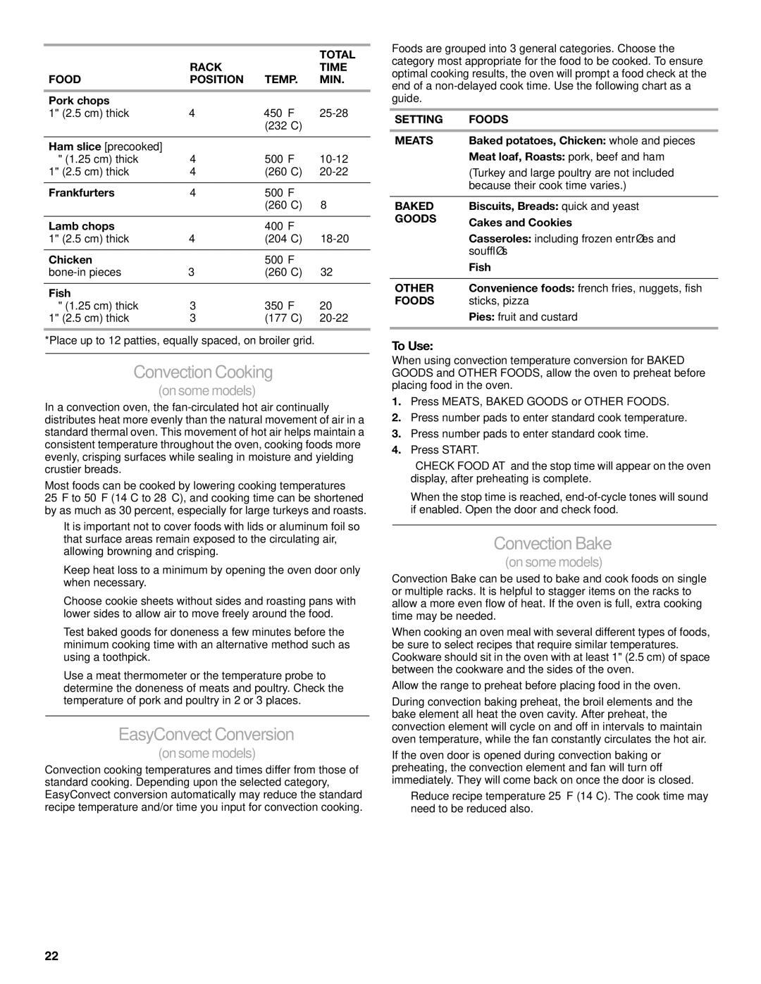 KitchenAid KERS807 manual Convection Cooking, EasyConvect Conversion, Convection Bake 