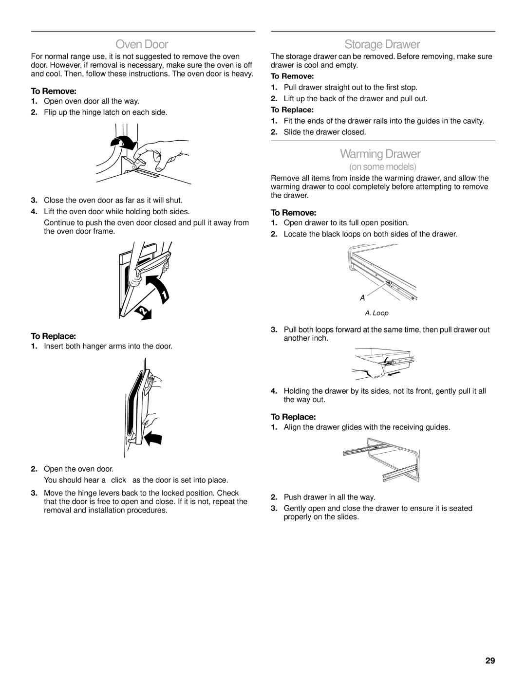 KitchenAid KERS807 manual Oven Door, Storage Drawer, To Remove, To Replace 