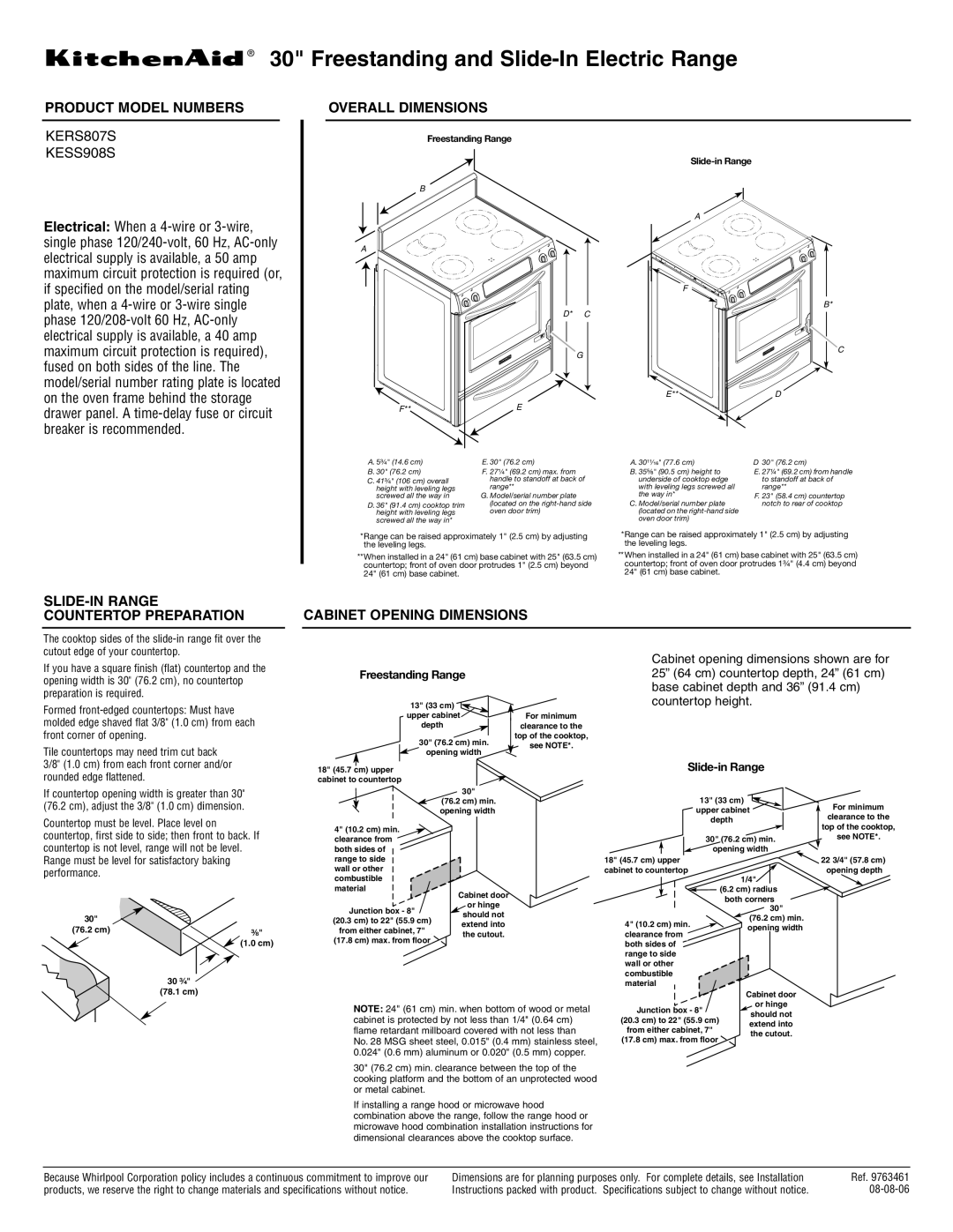 KitchenAid KESS908S dimensions Freestanding and Slide-In Electric Range, Product Model Numbers Overall Dimensions 