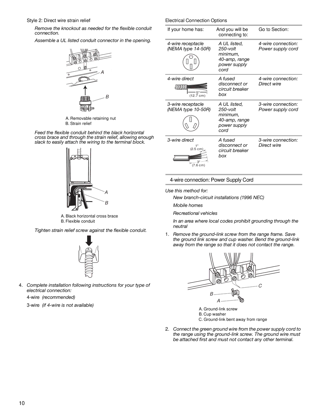 KitchenAid KERS807SBB installation instructions Wire connection Power Supply Cord, Style 2 Direct wire strain relief 