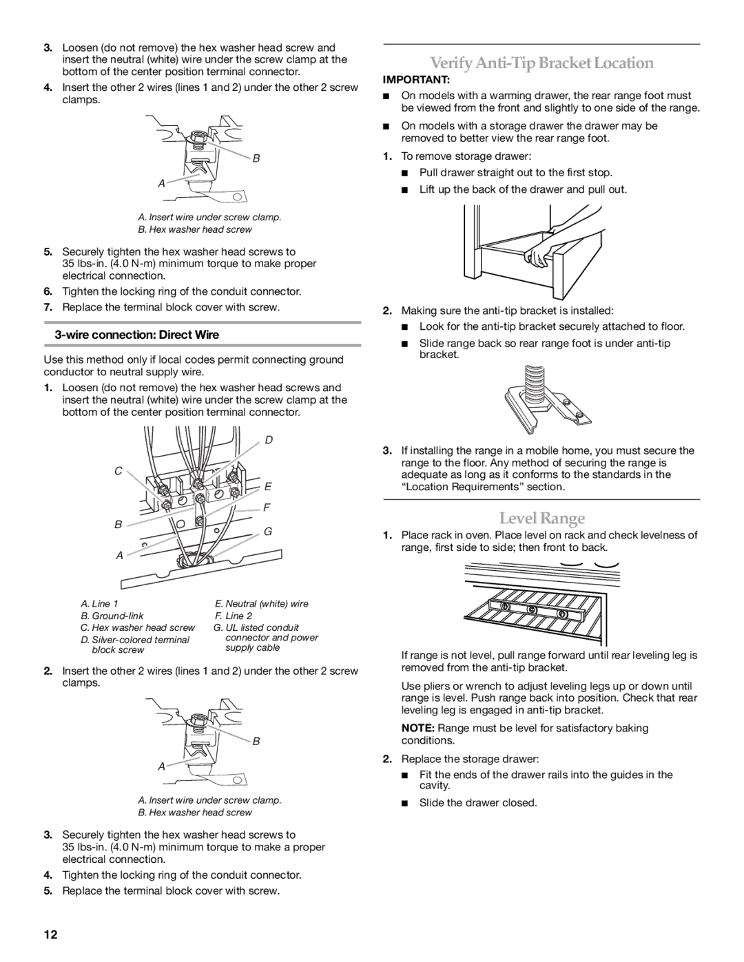 KitchenAid KERS807SBB VerifyAnti-Tip Bracket Location, Level Range, Insert wire under screw clamp Hex washer head screw 