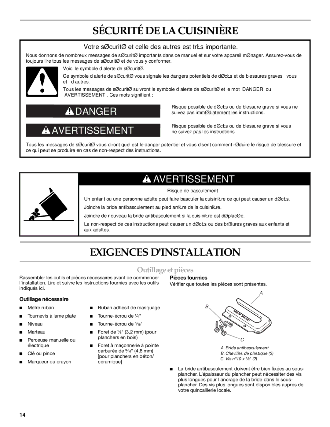 KitchenAid KERS807SBB Sécurité DE LA Cuisinière, Exigences Dinstallation, Outillage et pièces, Outillage nécessaire 