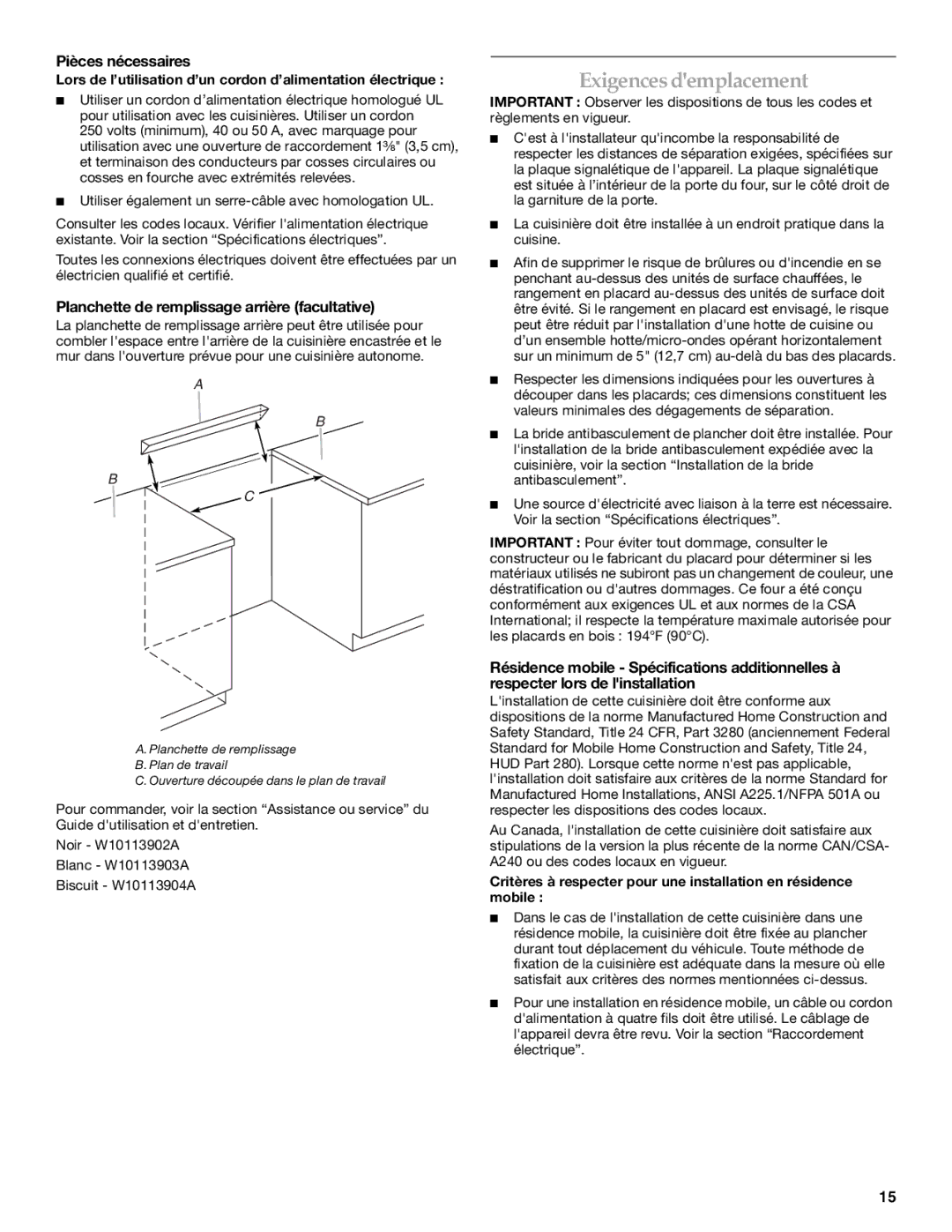 KitchenAid KERS807SBB Exigences demplacement, Pièces nécessaires, Planchette de remplissage arrière facultative 