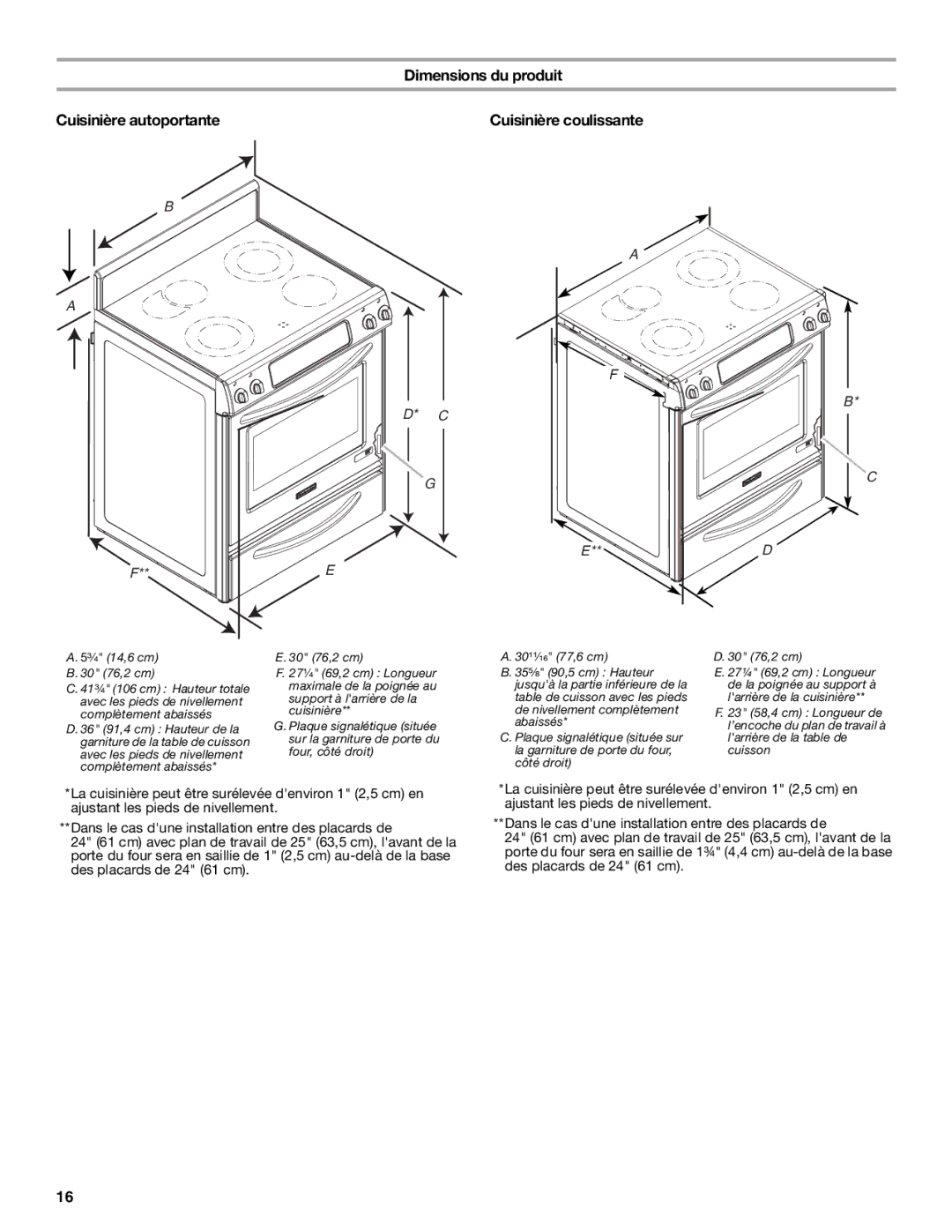 KitchenAid KERS807SBB Dimensions du produit Cuisinière autoportante, Cuisinière coulissante, ³⁄₄ 14,6 cm B 76,2 cm 