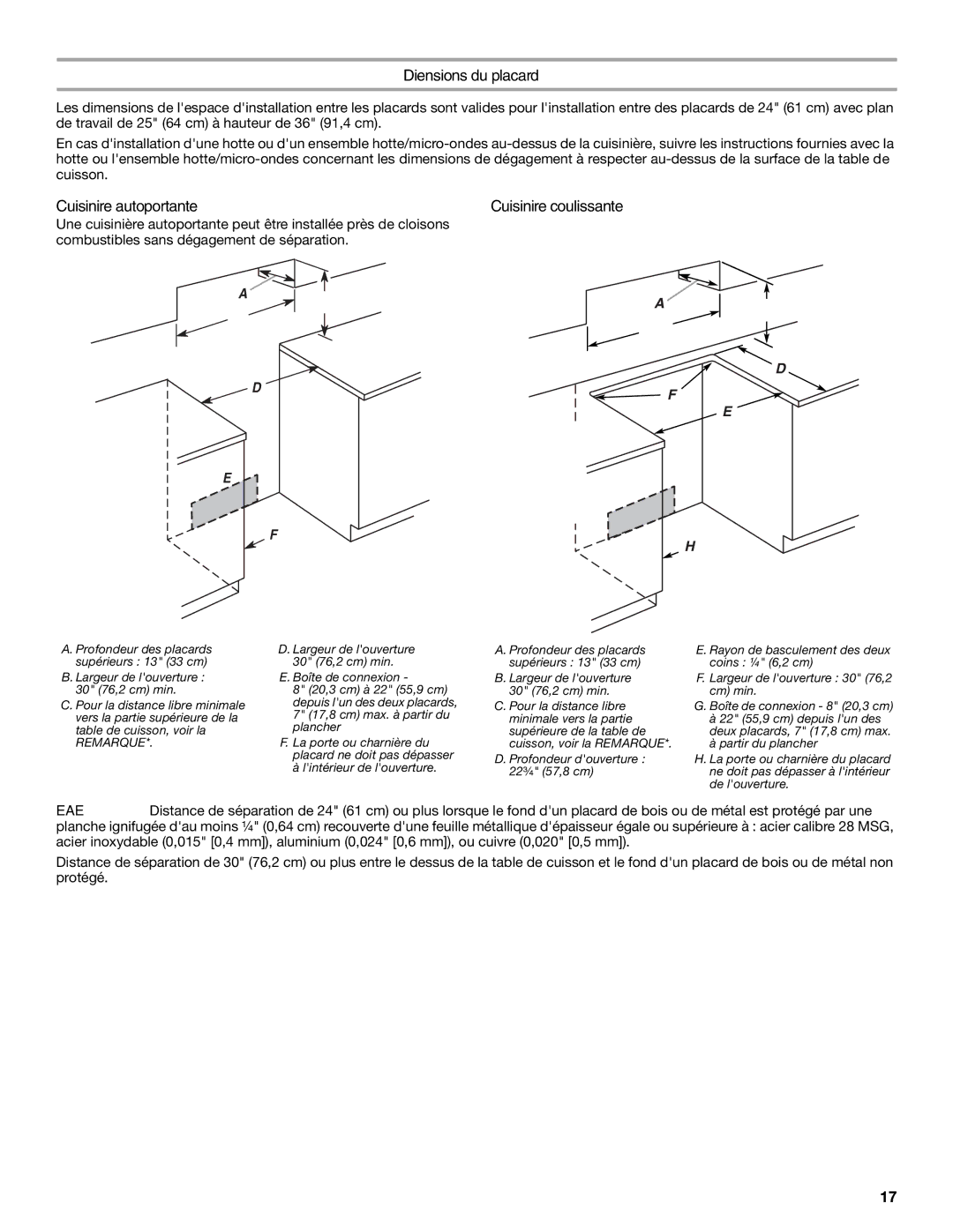 KitchenAid KERS807SBB installation instructions Dimensions du placard, Largeur de louverture 30 76,2 cm min 