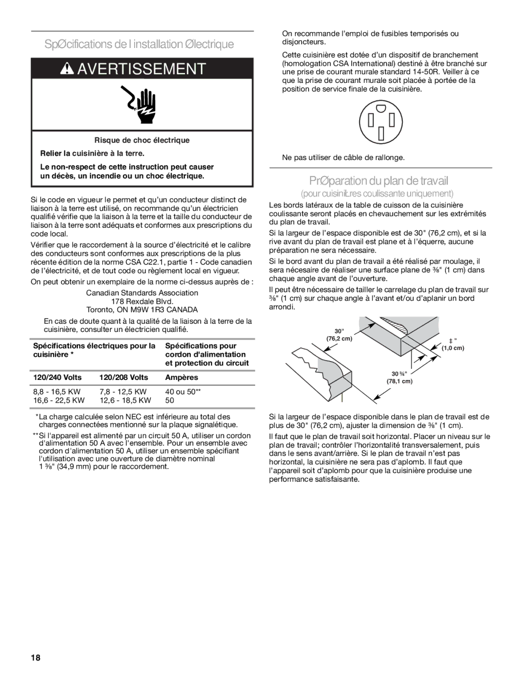 KitchenAid KERS807SBB installation instructions Spécificationsde l’installation électrique, Préparation du plan de travail 