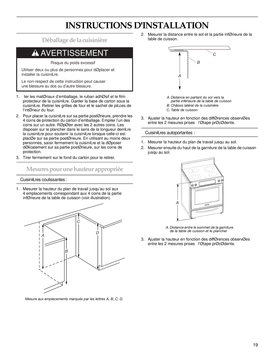 KitchenAid KERS807SBB Instructions Dinstallation, Déballage de la cuisinière, Mesurespour une hauteur appropriée 