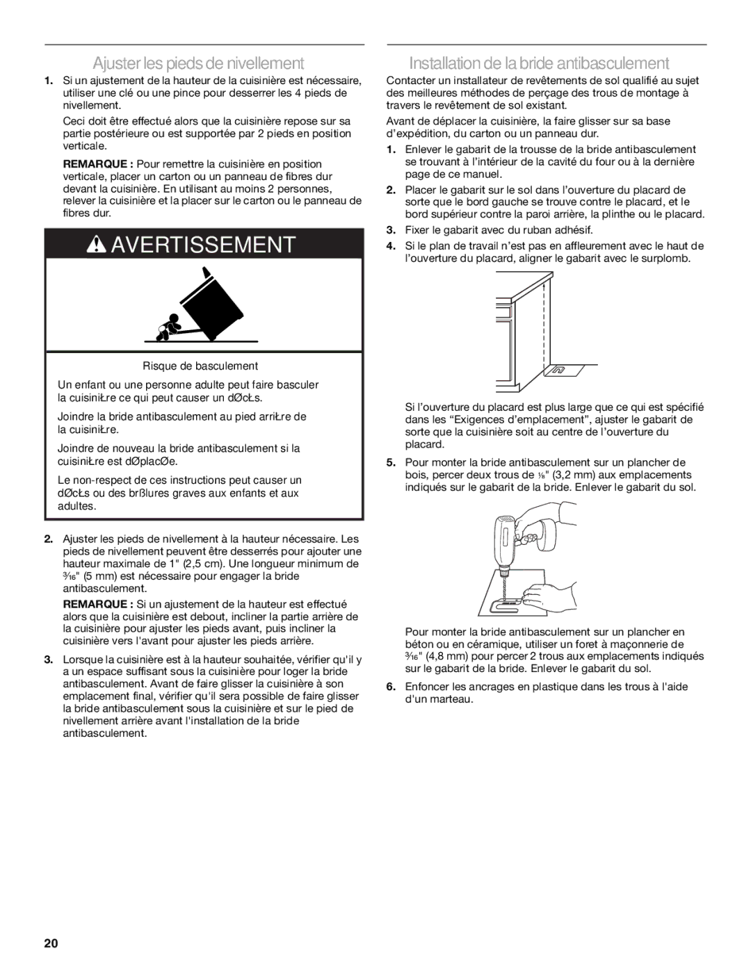 KitchenAid KERS807SBB installation instructions Ajusterles piedsde nivellement, Installation de la bride antibasculement 