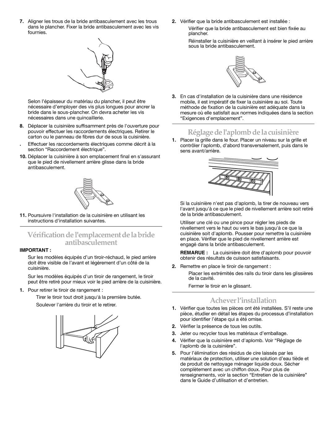 KitchenAid KERS807SBB Vérification de lemplacement de la bride Antibasculement, Réglage de laplomb de la cuisinière 