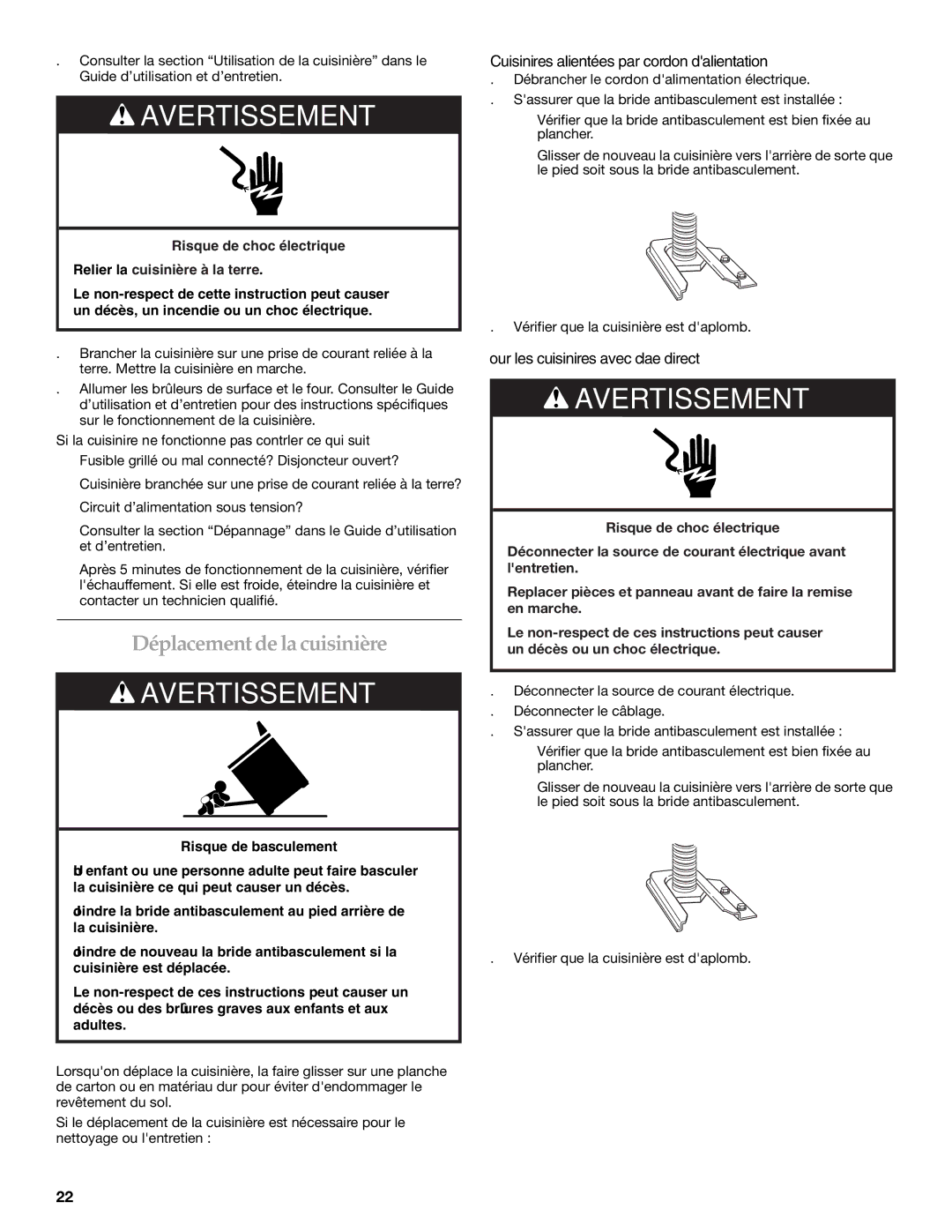 KitchenAid KERS807SBB Déplacement de la cuisinière, Cuisinières alimentées par cordon dalimentation 