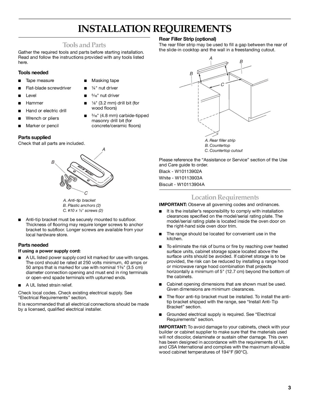 KitchenAid KERS807SBB installation instructions Installation Requirements, Toolsand Parts, Location Requirements 