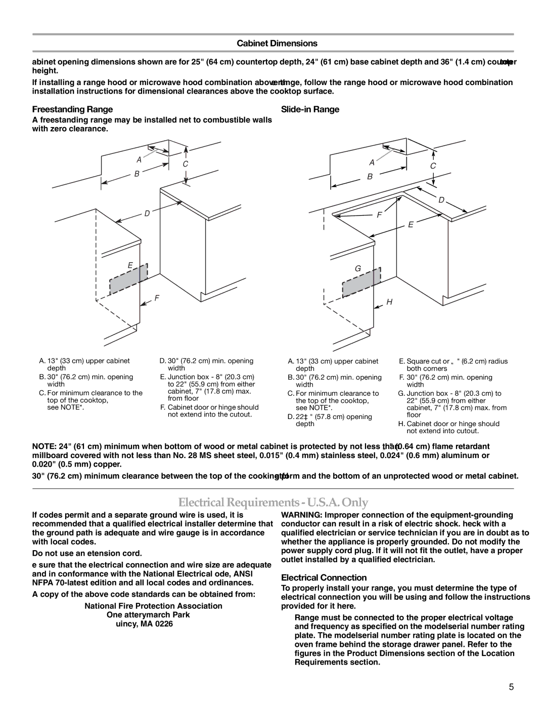 KitchenAid KERS807SBB Electrical Requirements U.S.A. Only, Cabinet Dimensions, Electrical Connection 