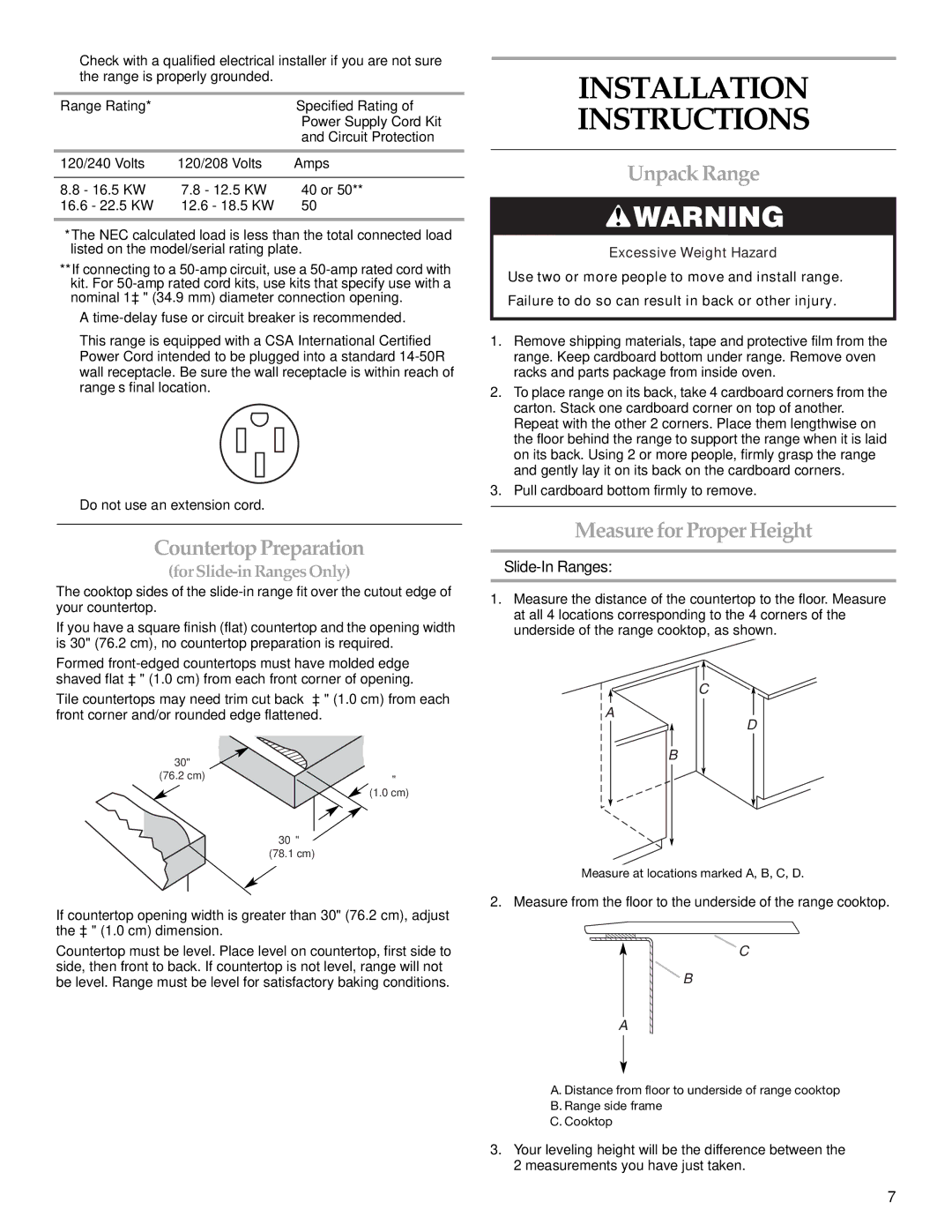 KitchenAid KERS807SBB Installation Instructions, Countertop Preparation, Unpack Range, Measure for Proper Height 