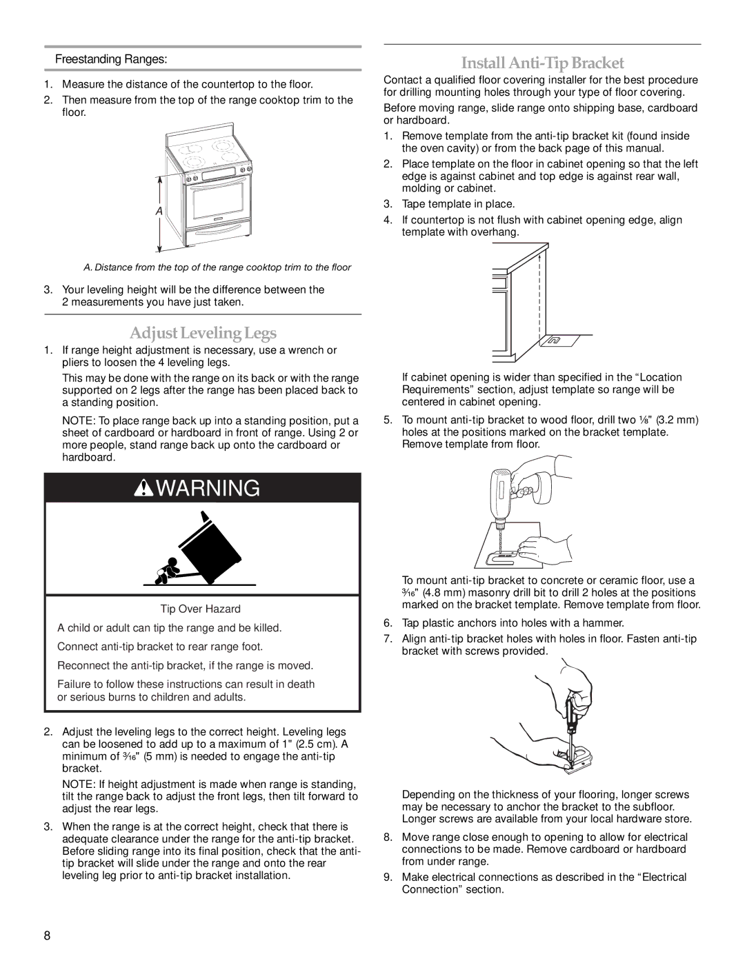 KitchenAid KERS807SBB installation instructions Adjust LevelingLegs, Install Anti-Tip Bracket, Freestanding Ranges 