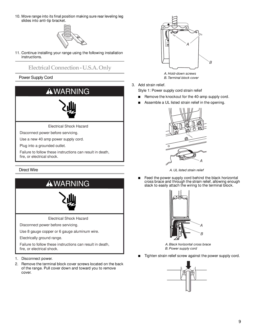 KitchenAid KERS807SBB installation instructions Electrical Connection U.S.A. Only, Power Supply Cord, Direct Wire 