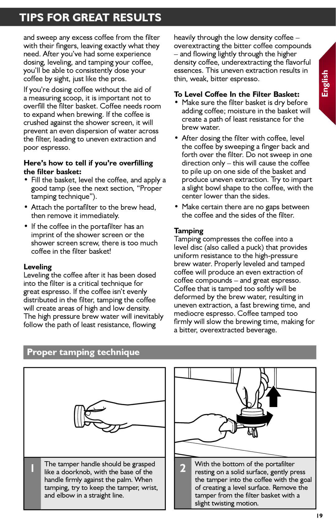 KitchenAid KES2102 Proper tamping technique, Here’s how to tell if you’re overfilling the filter basket, Leveling, Tamping 