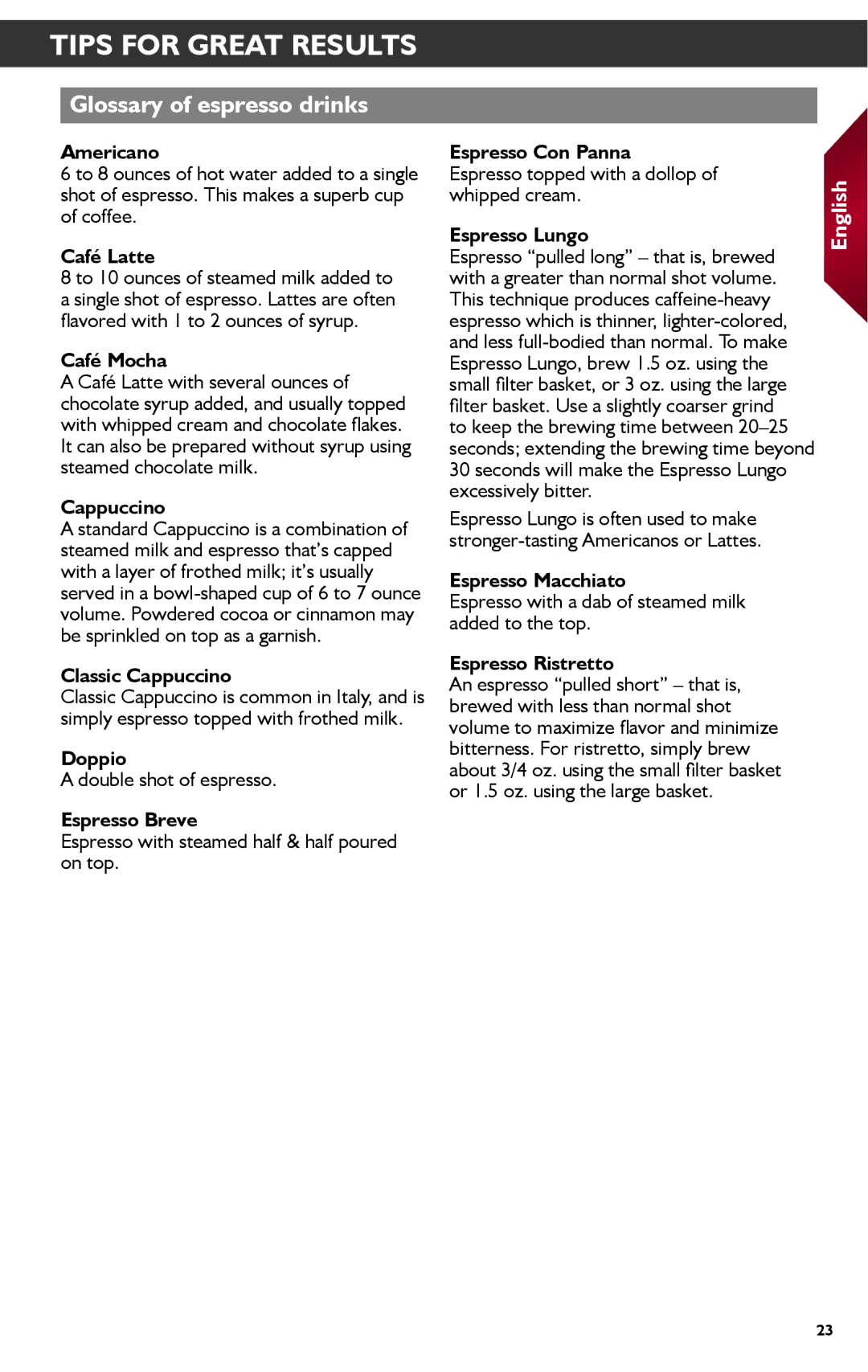 KitchenAid KES2102 manual Glossary of espresso drinks 