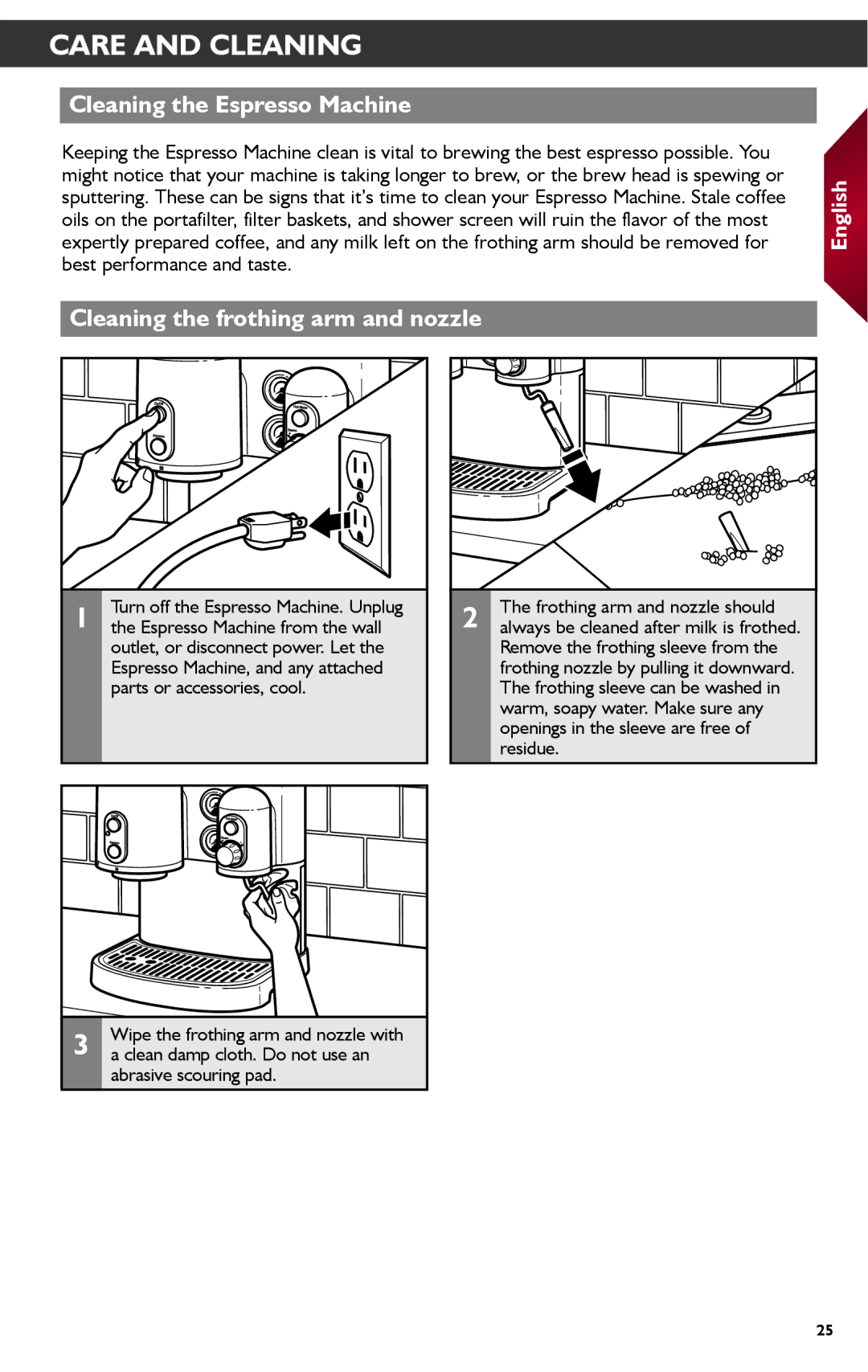 KitchenAid KES2102 manual Care and Cleaning, Cleaning the Espresso Machine, Cleaning the frothing arm and nozzle 