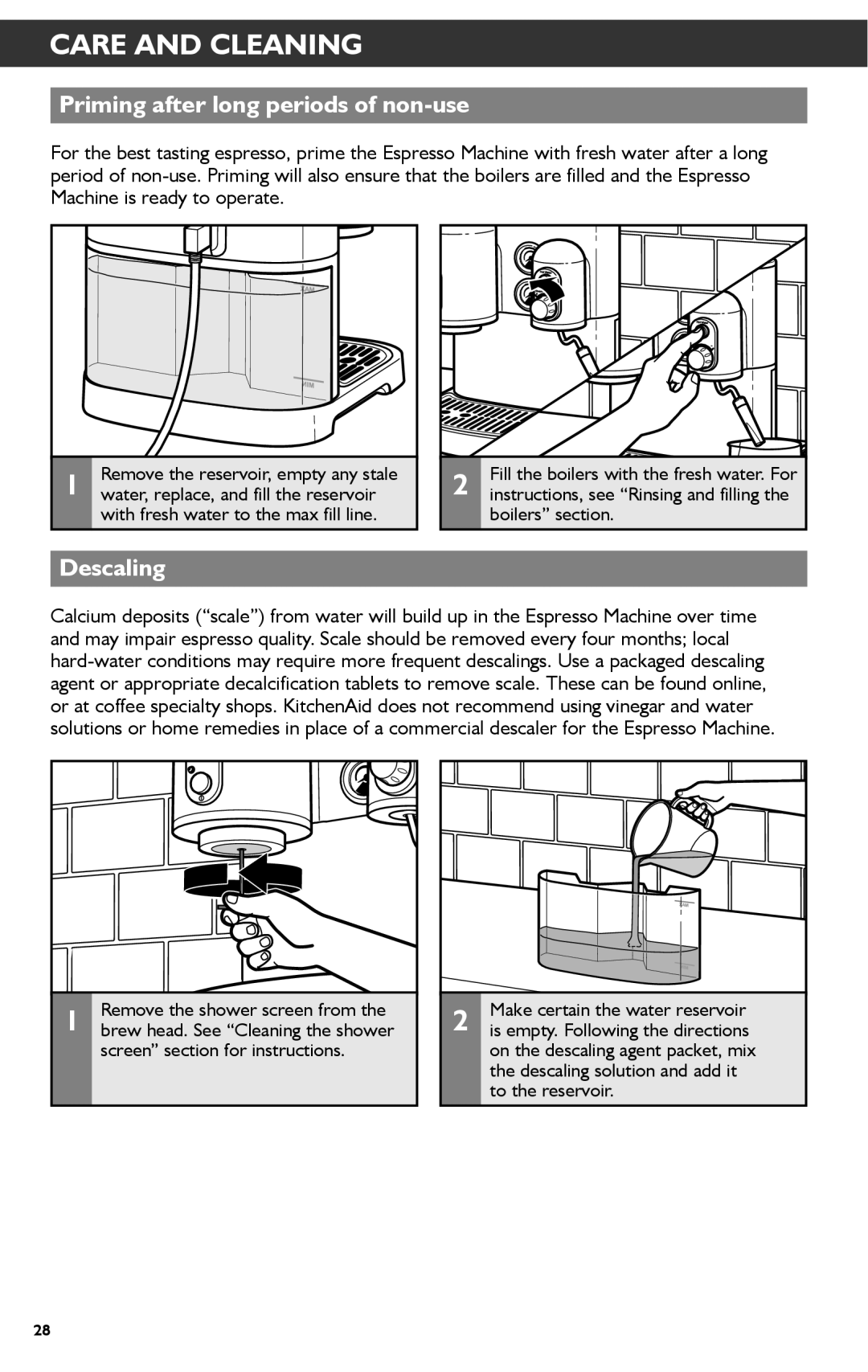 KitchenAid KES2102 manual Priming after long periods of non-use, Descaling 