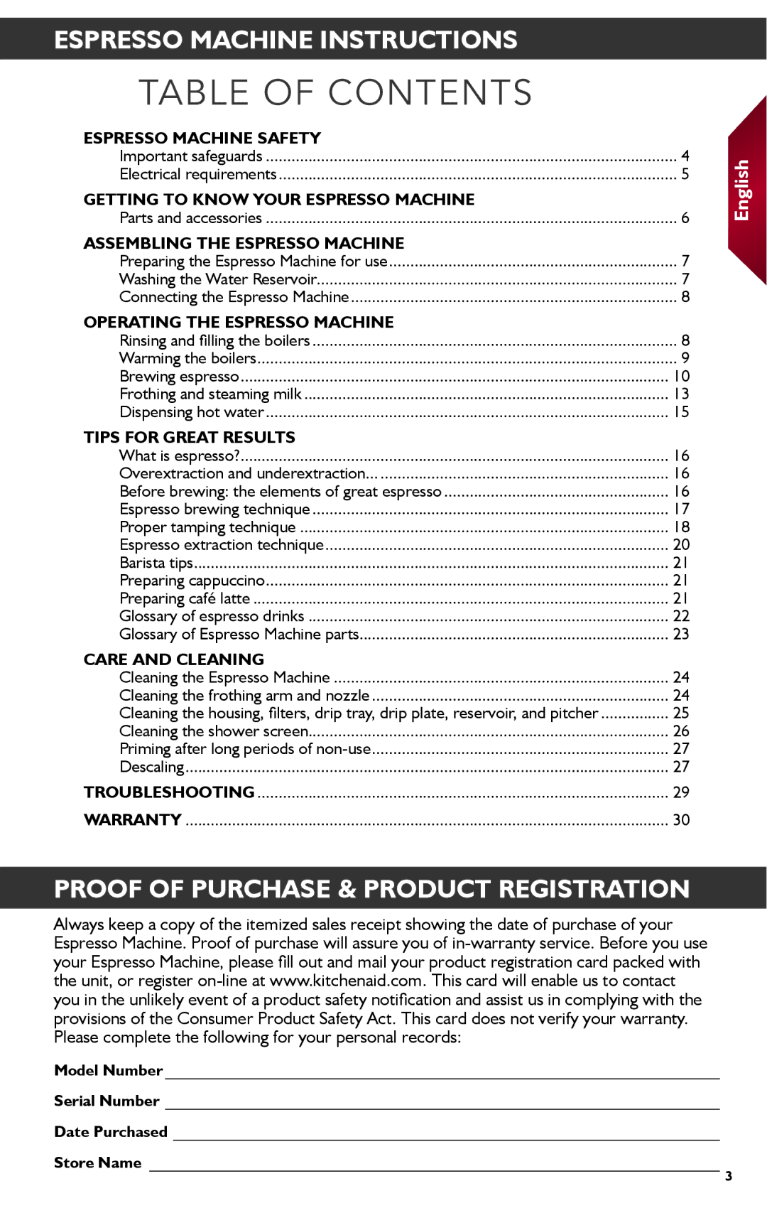 KitchenAid KES2102 manual Table of Contents 