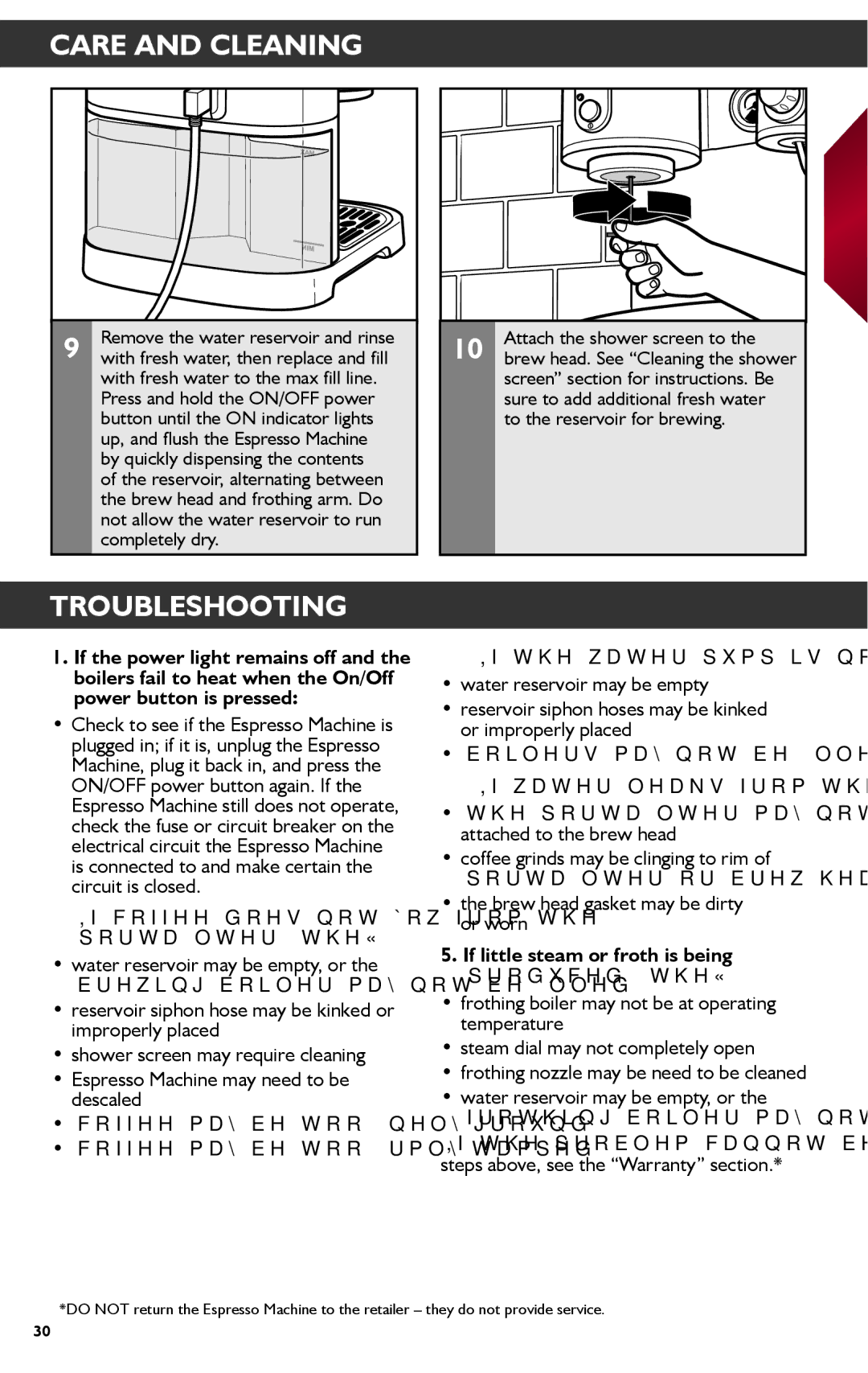 KitchenAid KES2102 Troubleshooting, If coffee does not flow from the portafilter, the…, If the water pump is noisy, the… 