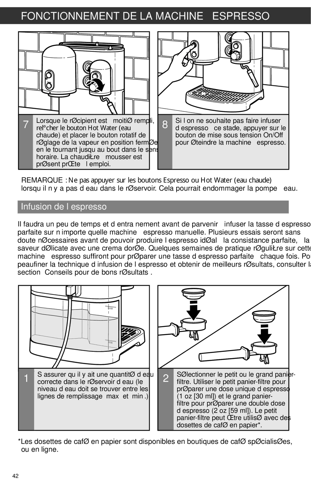 KitchenAid KES2102 Infusion de l’espresso, Relâcher le bouton Hot Water eau, Filtre. Utiliser le petit panier-filtre pour 