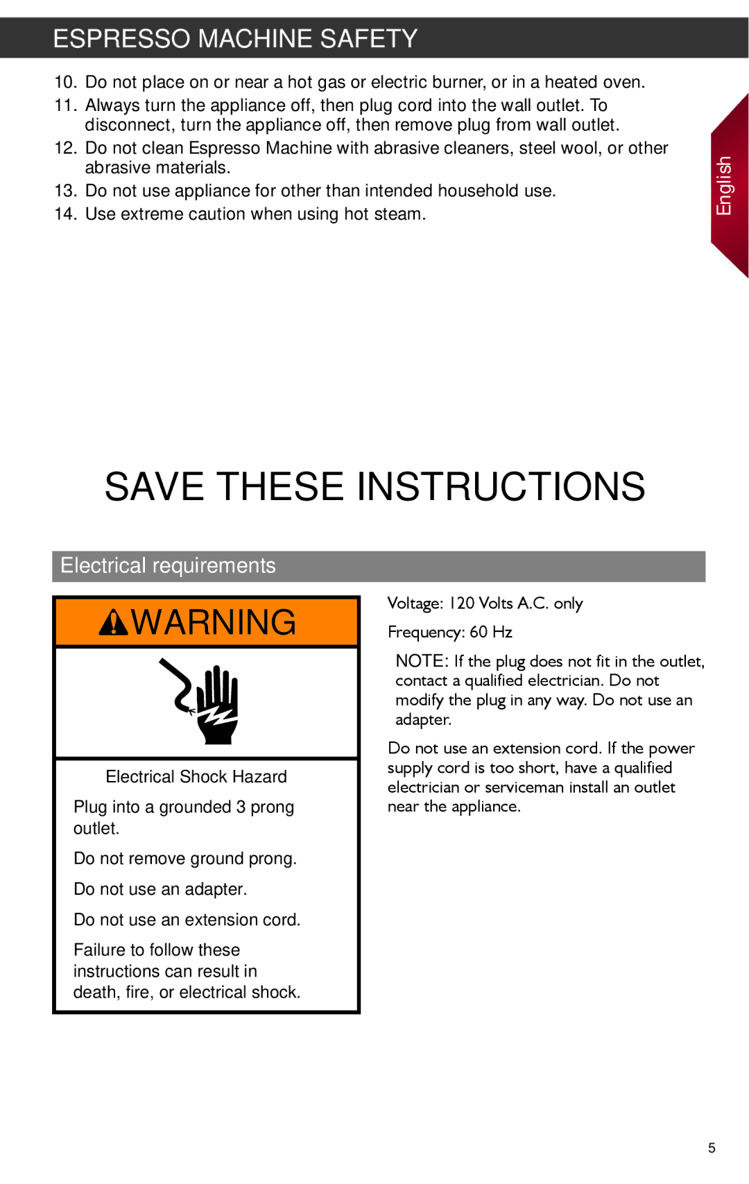 KitchenAid KES2102 manual Electrical requirements 