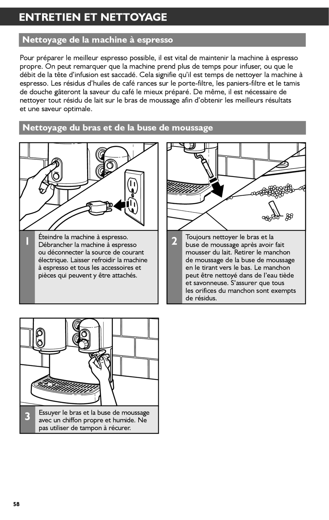 KitchenAid KES2102 Entretien ET Nettoyage, Nettoyage de la machine à espresso, Nettoyage du bras et de la buse de moussage 