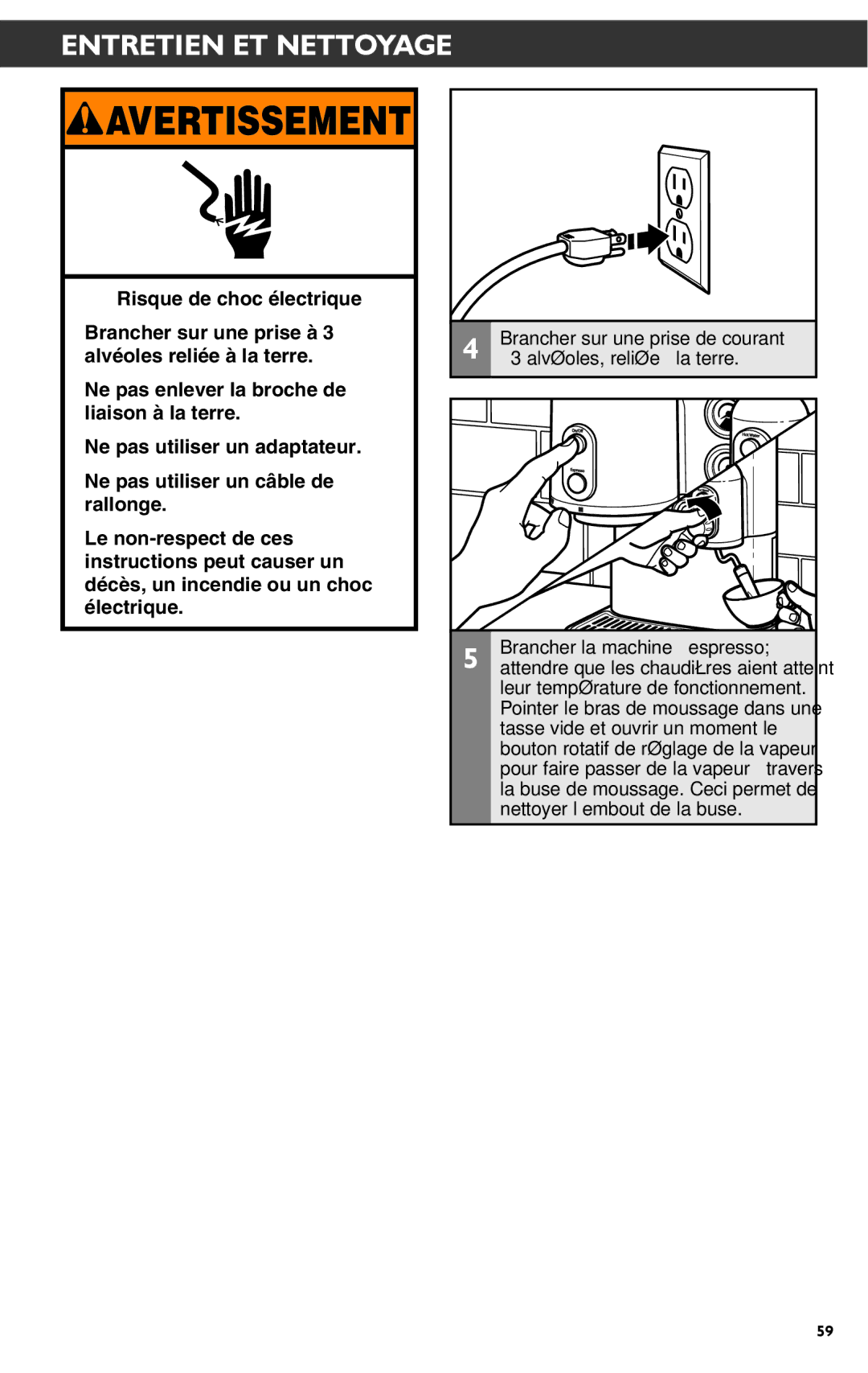 KitchenAid KES2102 manual Alvéoles, reliée à la terre, Brancher la machine à espresso 