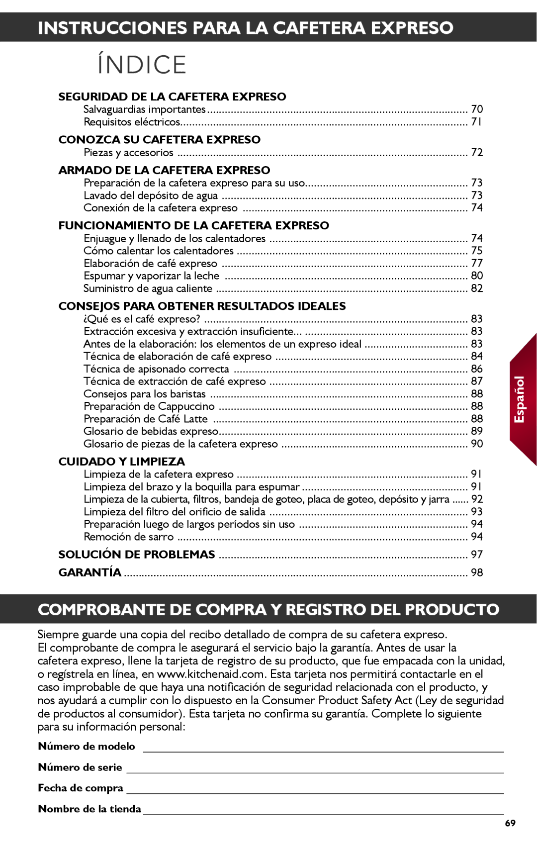 KitchenAid KES2102 manual Instrucciones Para LA Cafetera Expreso, Salvaguardias importantes Requisitos eléctricos 