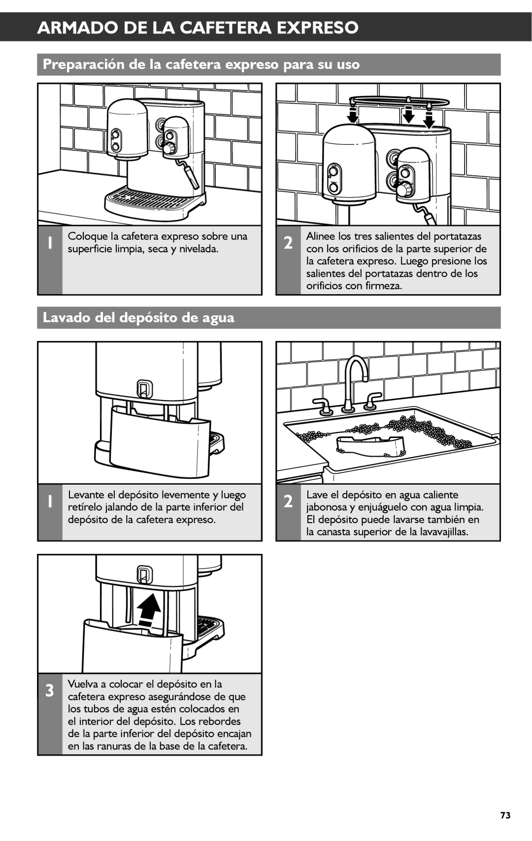 KitchenAid KES2102 manual Armado DE LA Cafetera Expreso, Preparación de la cafetera expreso para su uso 