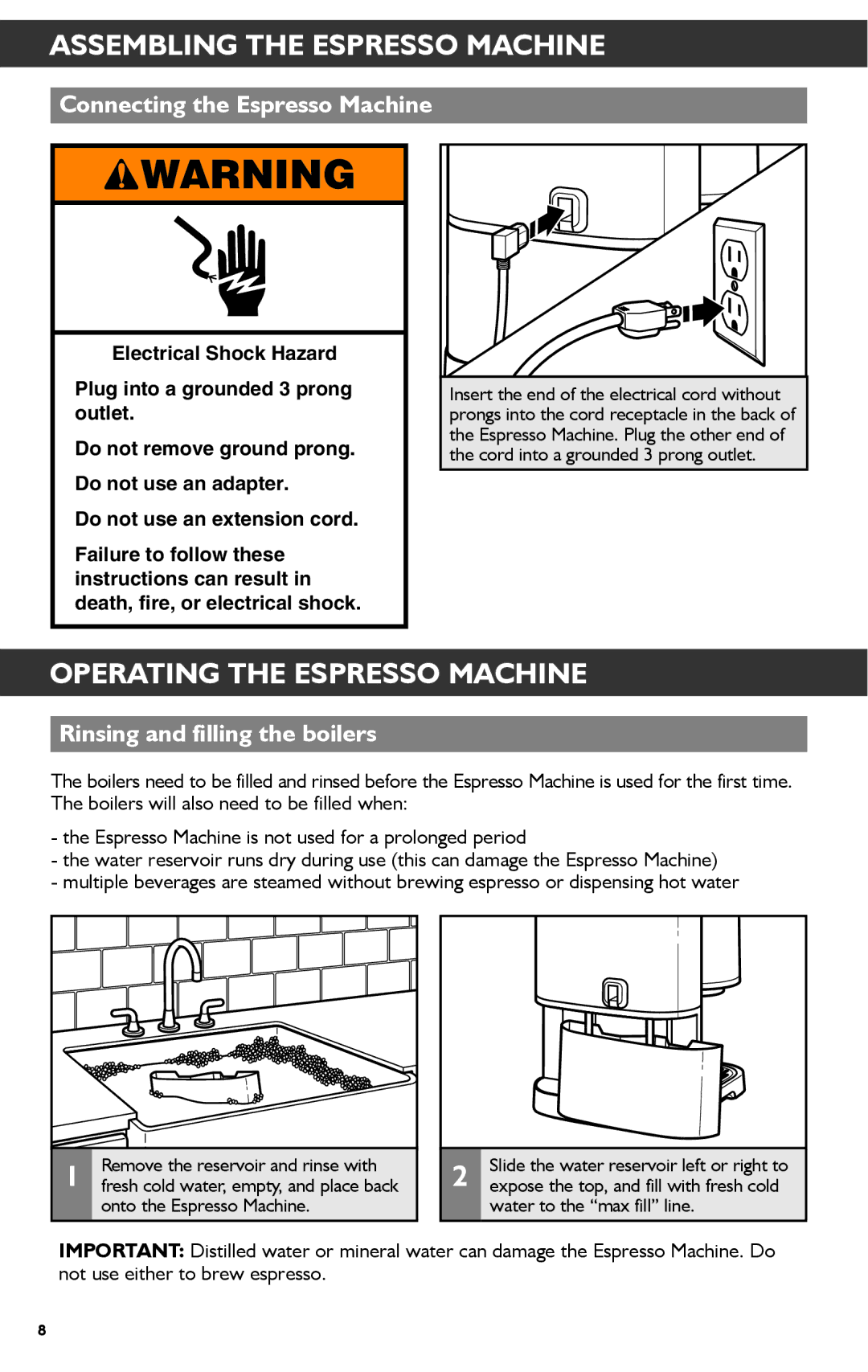 KitchenAid KES2102 manual Operating the Espresso Machine, Connecting the Espresso Machine, Rinsing and filling the boilers 