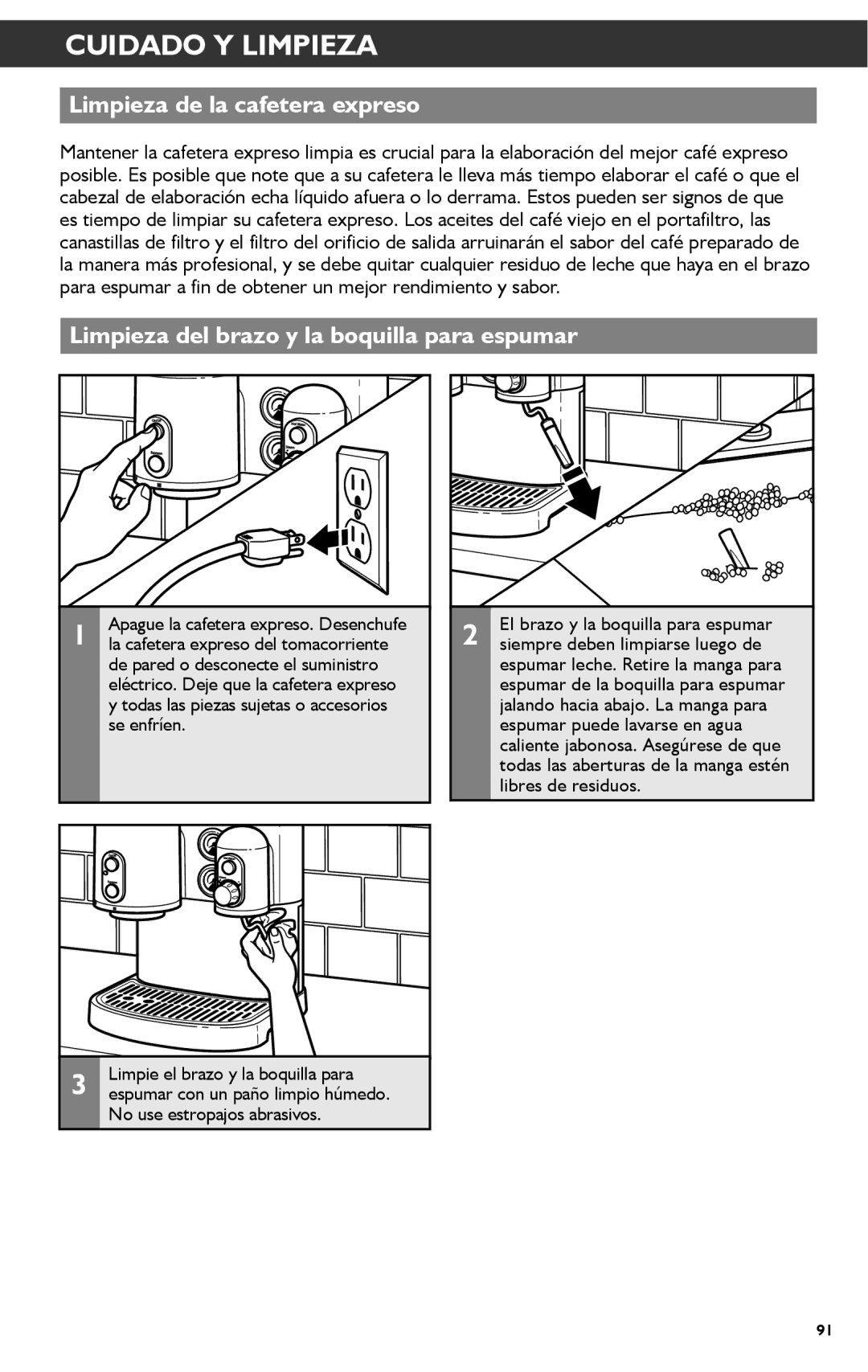 KitchenAid KES2102 Cuidado Y Limpieza, Limpieza de la cafetera expreso, Limpieza del brazo y la boquilla para espumar 