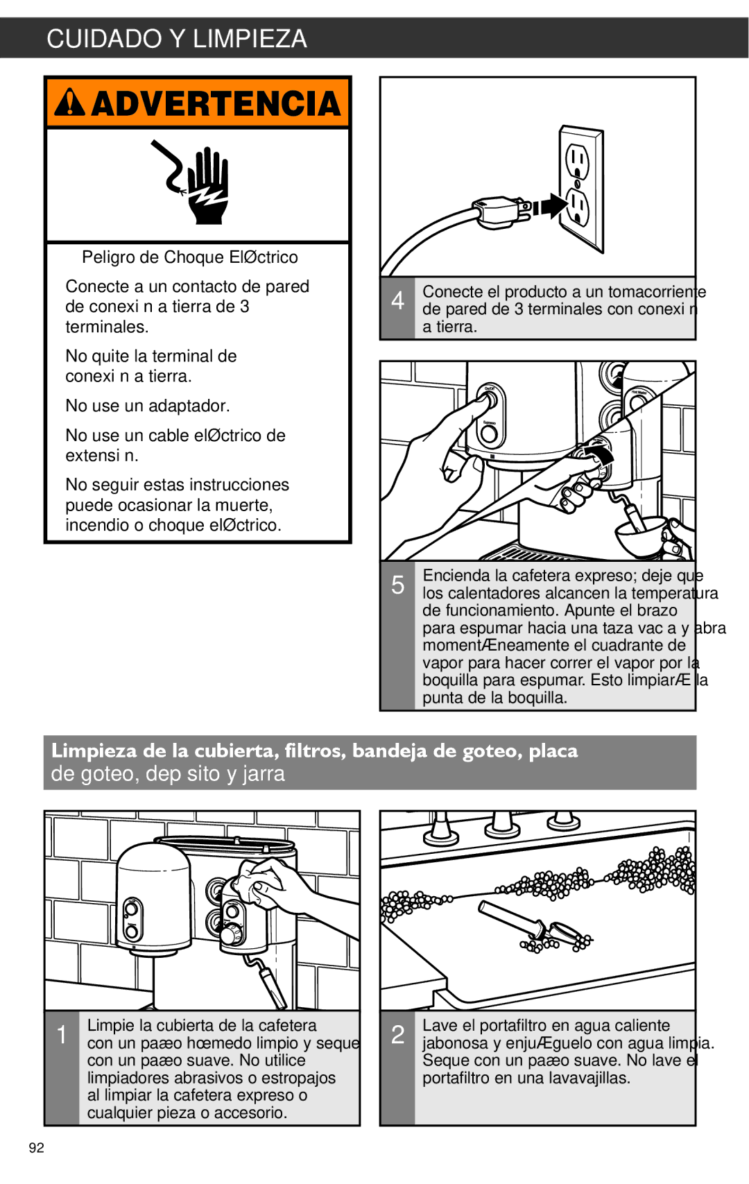 KitchenAid KES2102 manual Tierra, Limpie la cubierta de la cafetera, Lave el portafiltro en agua caliente 