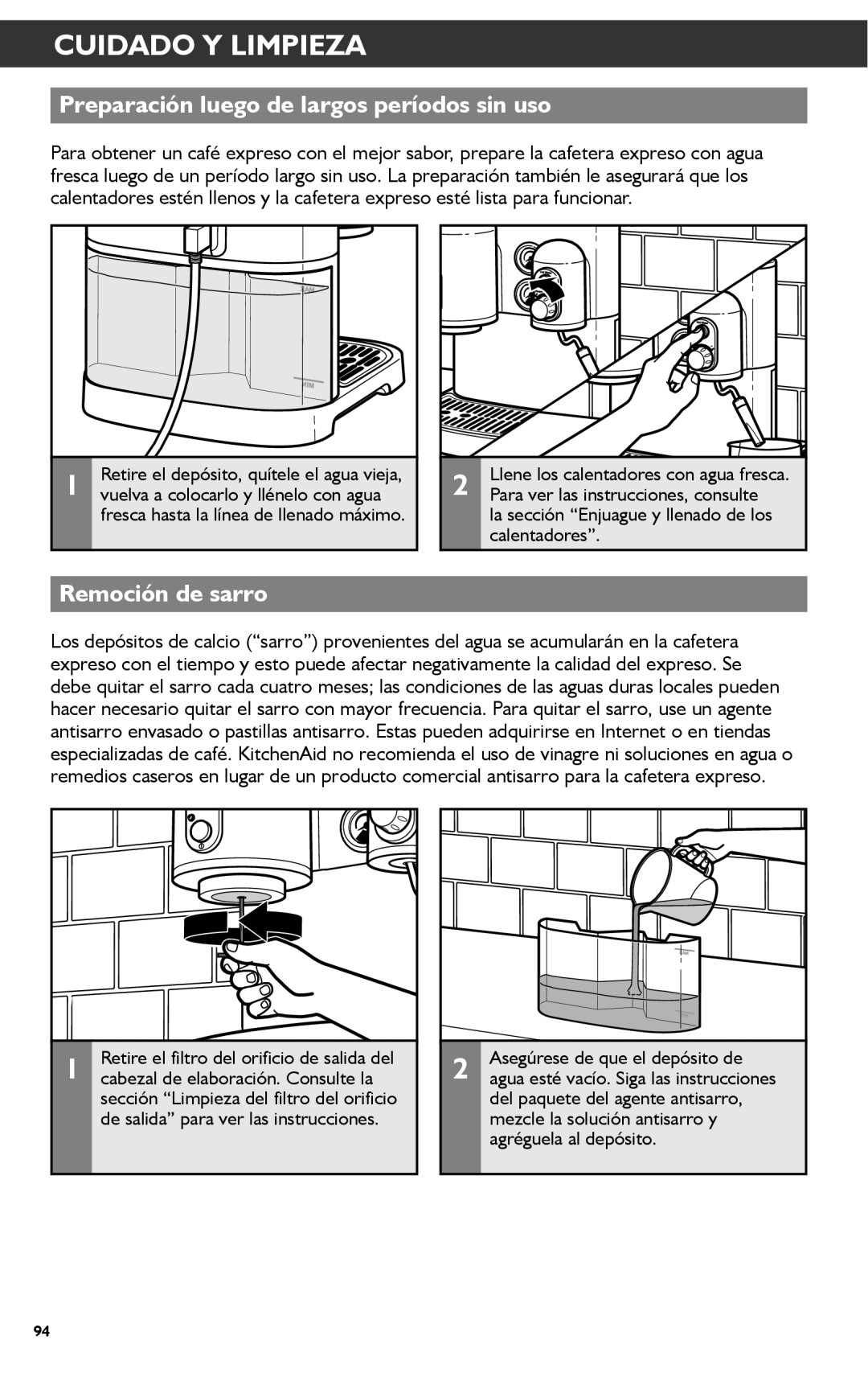 KitchenAid KES2102 manual Preparación luego de largos períodos sin uso, Remoción de sarro 