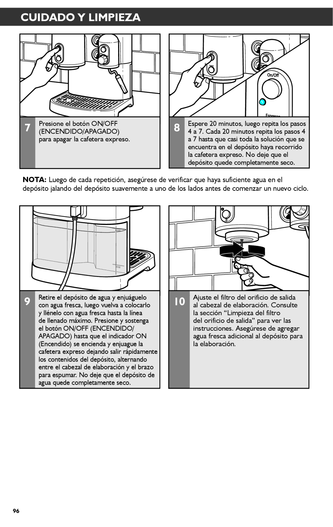 KitchenAid KES2102 manual Presione el botón ON/OFF, Para apagar la cafetera expreso 