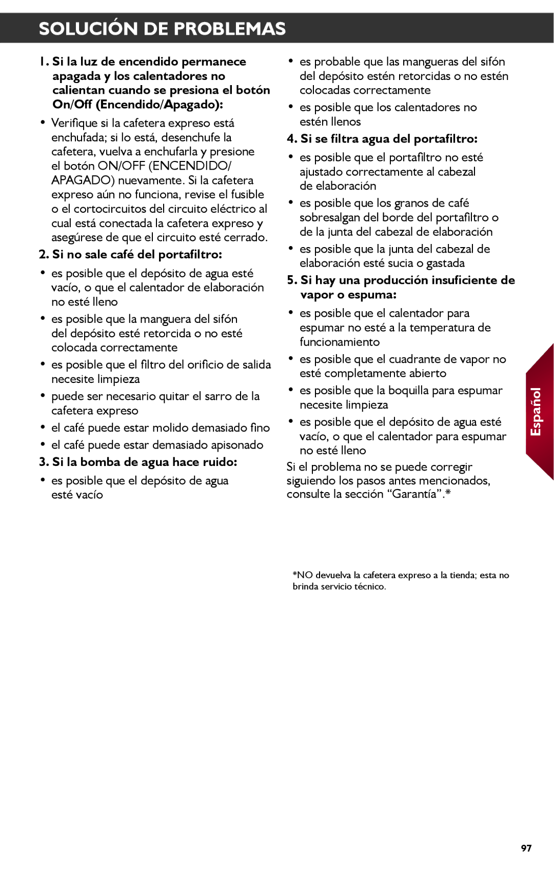 KitchenAid KES2102 manual Solución DE Problemas, Si no sale café del portafiltro, Si la bomba de agua hace ruido 