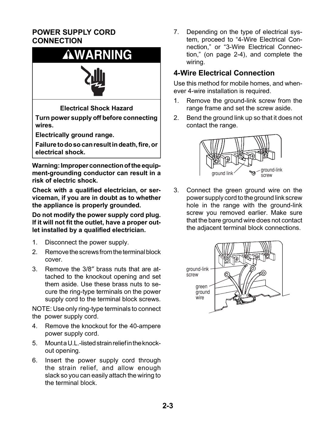 KitchenAid KESH307H, KESC300H, KESC307H manual Power Supply Cord Connection, Wire Electrical Connection 