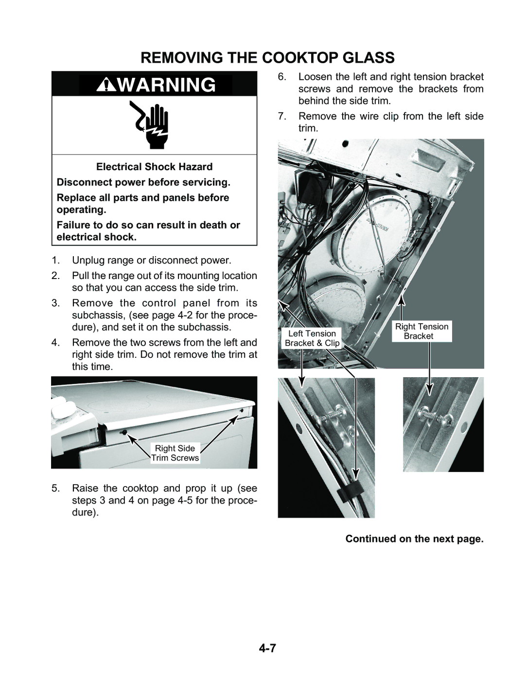 KitchenAid KESH307H, KESC300H, KESC307H manual Removing the Cooktop Glass 