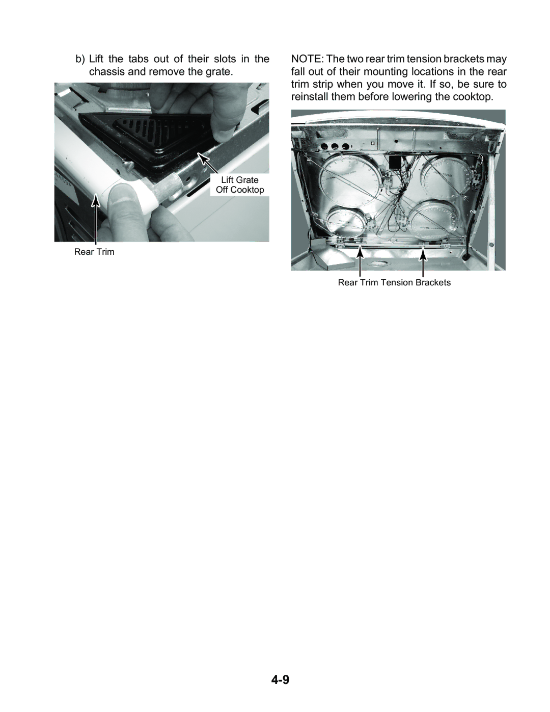 KitchenAid KESC307H, KESH307H, KESC300H manual Lift Grate Off Cooktop Rear Trim Rear Trim Tension Brackets 