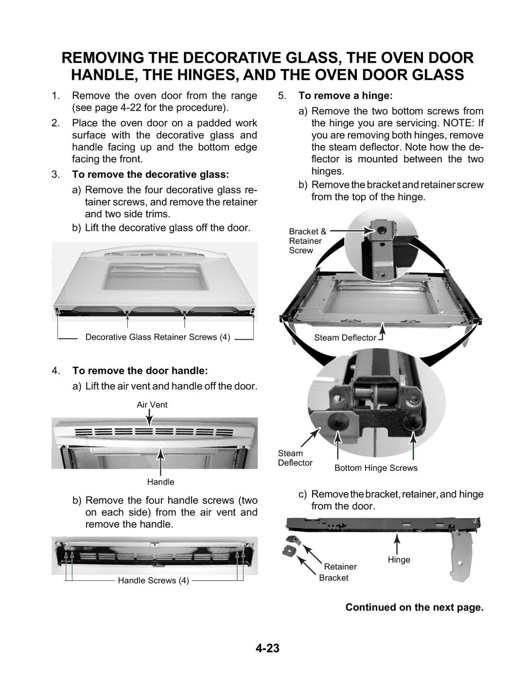 KitchenAid KESC300H, KESH307H, KESC307H manual To remove the decorative glass, To remove the door handle, To remove a hinge 