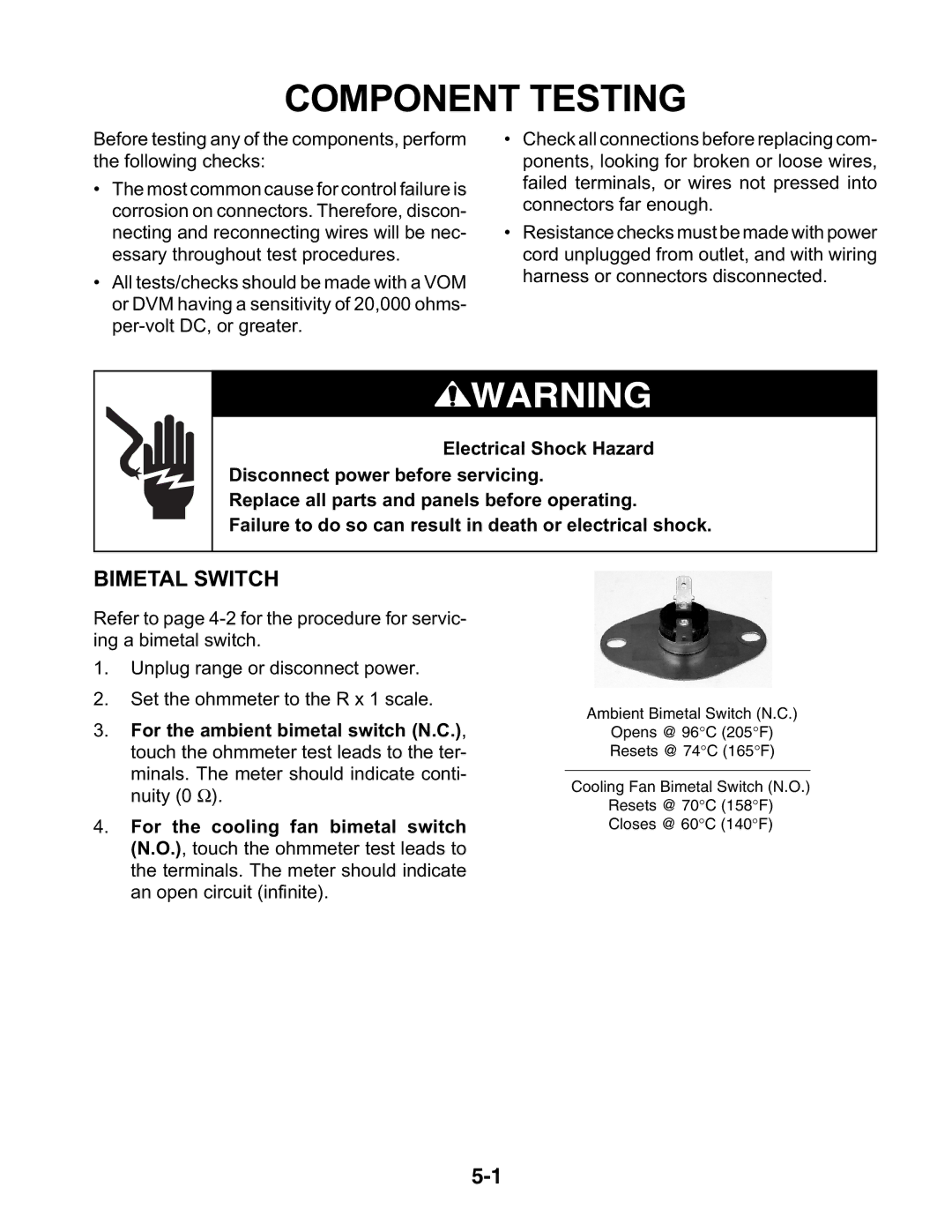 KitchenAid KESC307H, KESH307H, KESC300H manual Component Testing, Bimetal Switch 