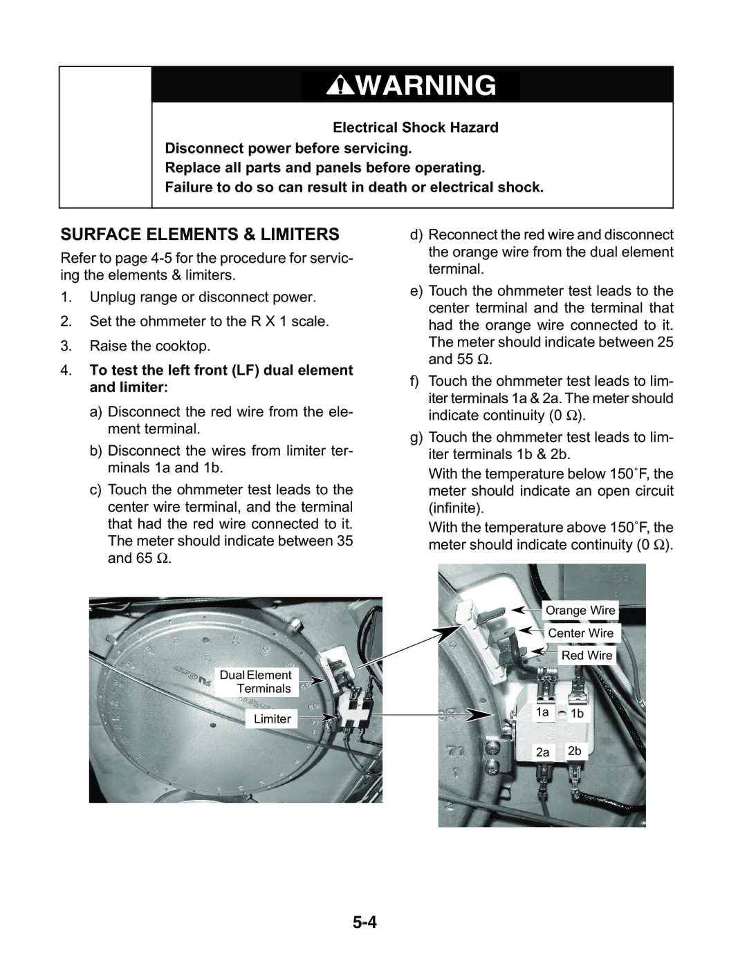 KitchenAid KESC307H, KESH307H, KESC300H Surface Elements & Limiters, To test the left front LF dual element and limiter 