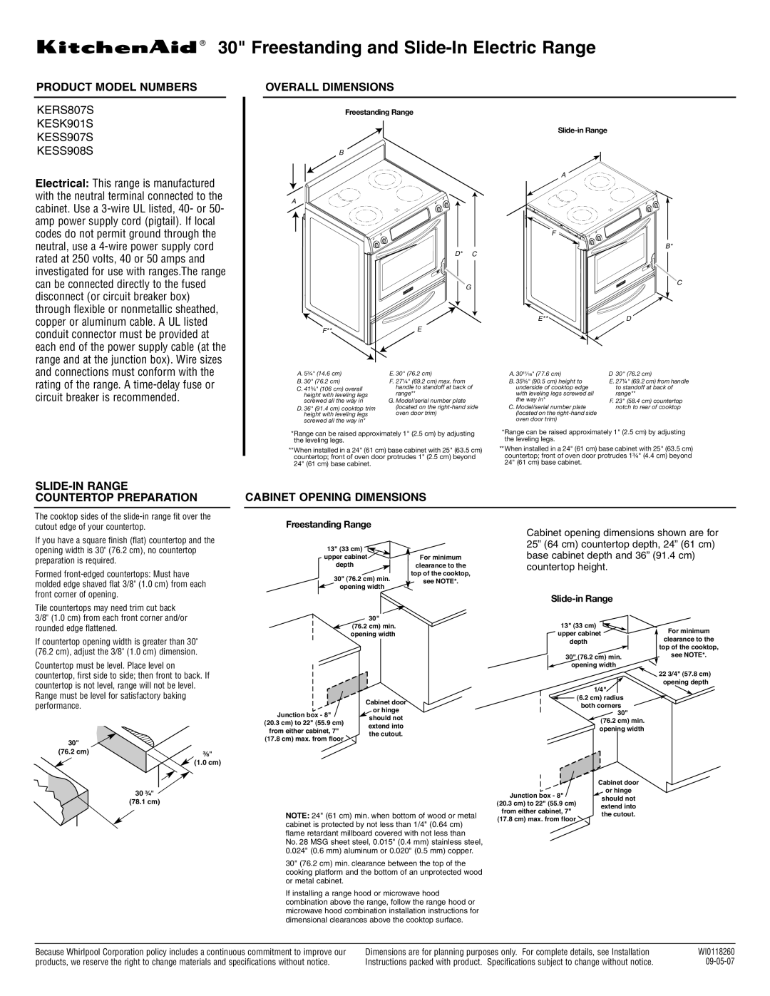 KitchenAid KESS907S dimensions Freestanding and Slide-In Electric Range, Product Model Numbers Overall Dimensions 