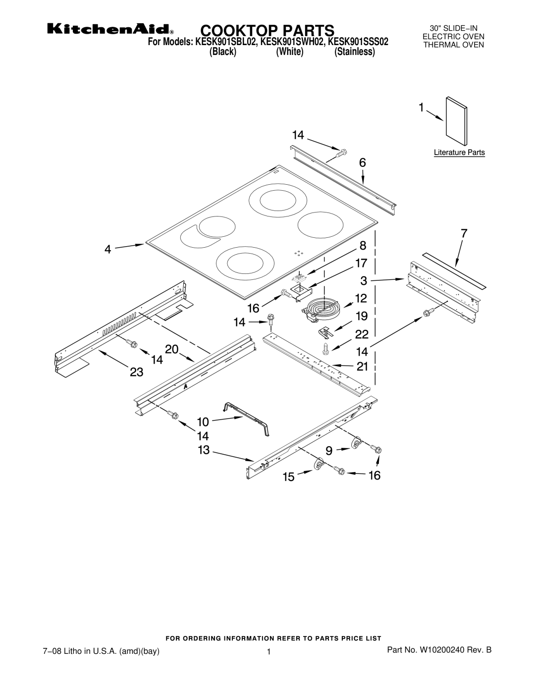 KitchenAid KESK901SBL02, KESK901SSS02, KESK901SWH02 manual Cooktop Parts 