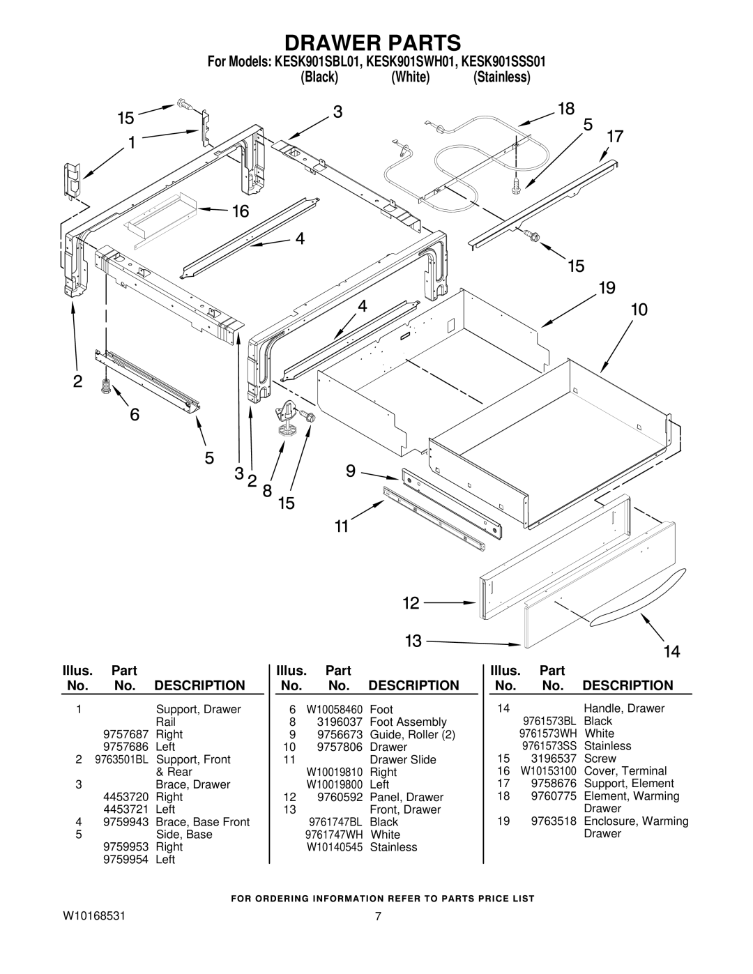 KitchenAid KESK901SSS01, KESK901SWH01, KESK901SBL01 manual Drawer Parts 