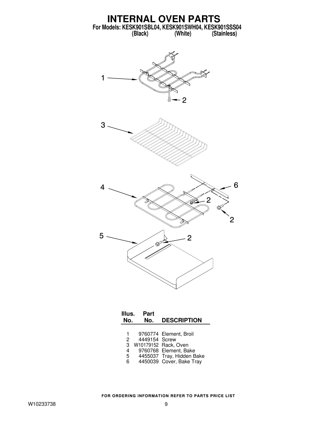 KitchenAid KESK901SWH04, KESK901SSS04, KESK901SBL04 manual Internal Oven Parts 