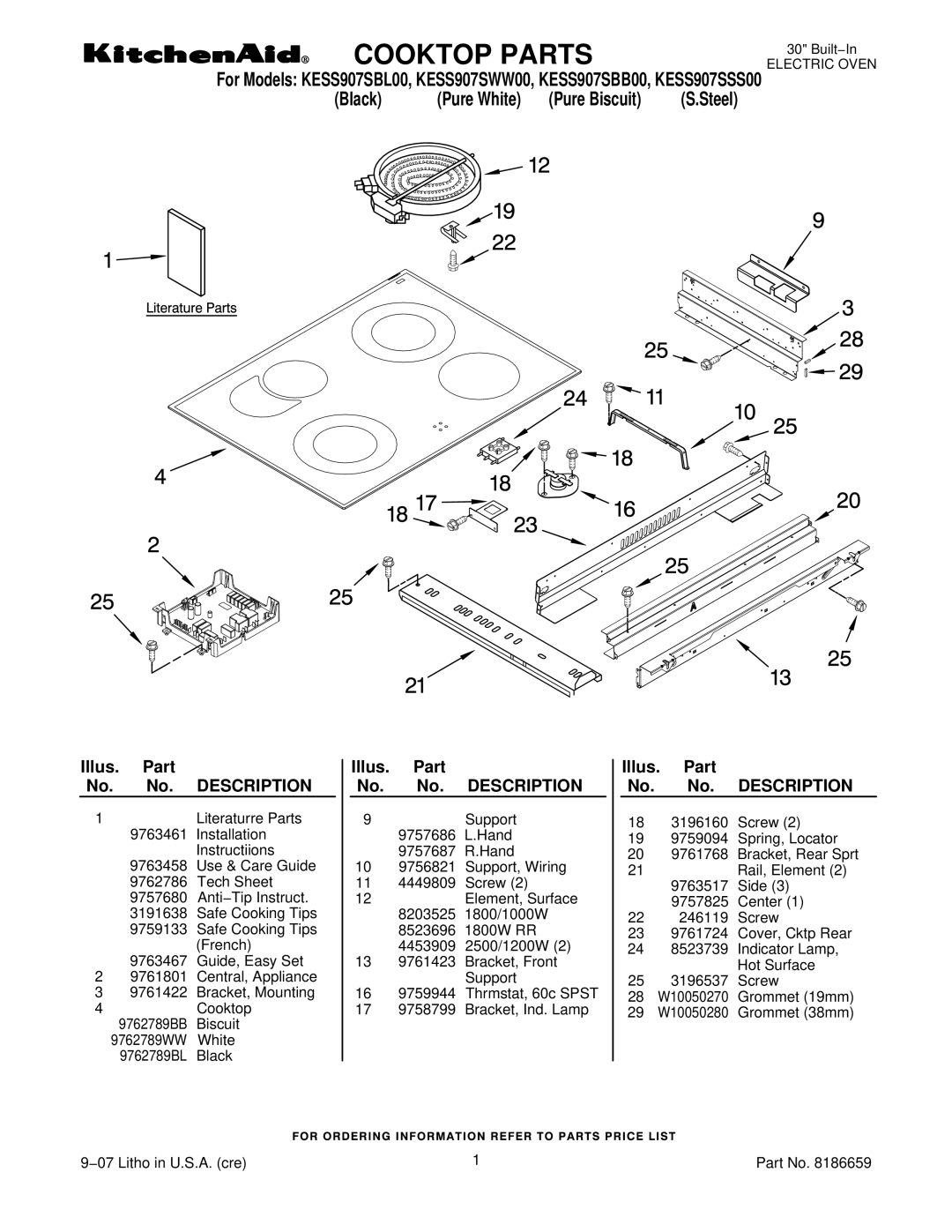 KitchenAid KESS907SSS00, KESS907SWW00, KESS907SBL00, KESS907SBB00 manual Cooktop Parts, Illus. Part No. No. Description 