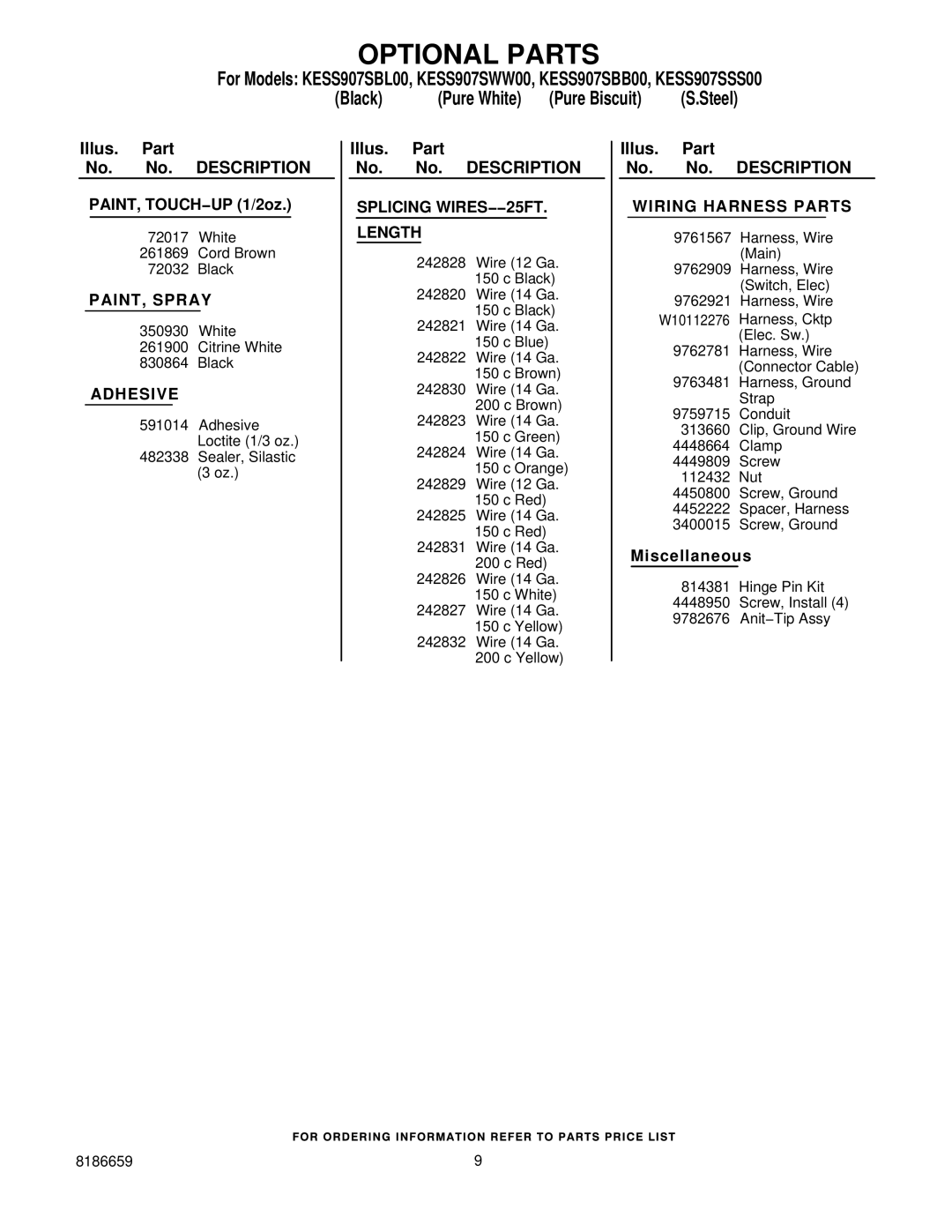 KitchenAid KESS907SSS00, KESS907SWW00, KESS907SBL00, KESS907SBB00 manual Optional Parts, Splicing WIRES−−25FT Length 